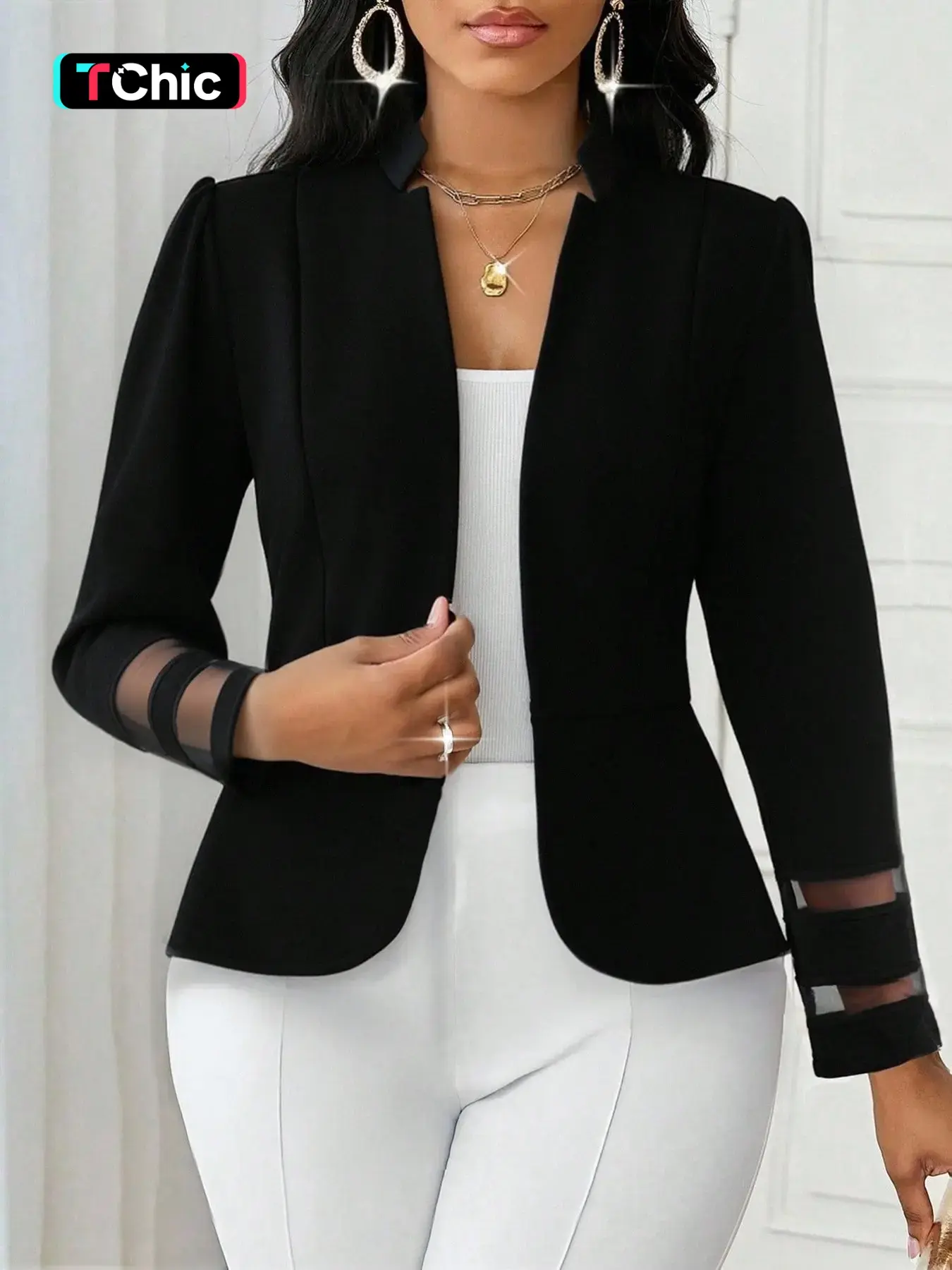 Elegant Women's Open Front Blazer Jacket with Puff Sleeves, Sheer Panel Cuffs, Cinched Waist, Notched Lapel, Tailored Fit Dressy Office Workwear Outerwear for Business Casual Party Looks