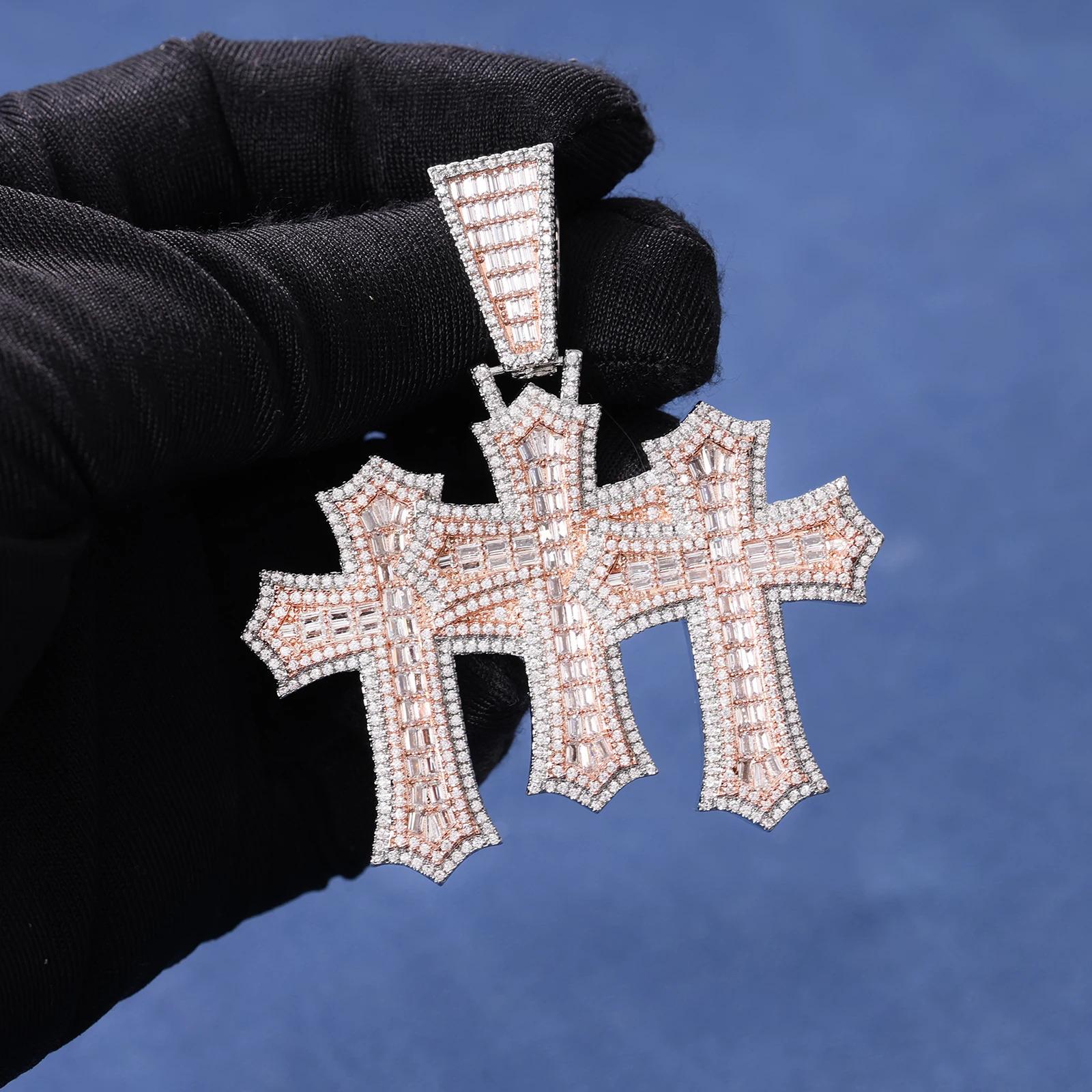 Iced Out New Fashion Baguette Triple Cross Clustered Pendant High Quality Triple Micro Pave Bling CZ Charm Pendant Necklace for Men