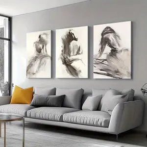 Three-piece set with frame - Abstract female figure triptych, gray tone art-themed canvas wall painting, framed decorative painting on clearance sale, 2D flat design, suitable for Halloween, Christmas, both winter and summer, luxurious interior decoration