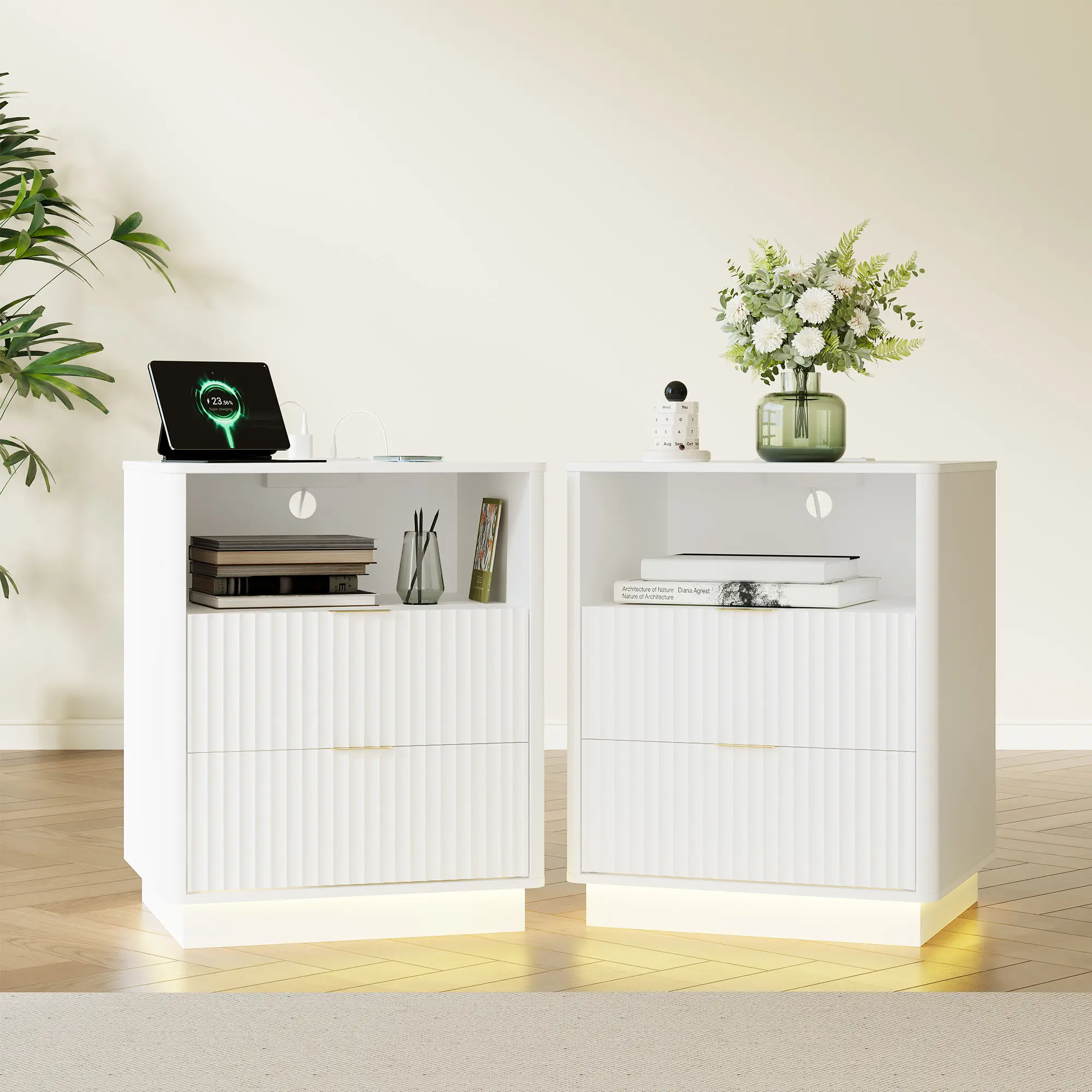 2-Piece Fluted Compact Nightstand Set with Charging Station & LED Lights, Modern 2-Drawer Wooden End Side Table for Bedroom - Space Saving Furniture for Small Room Ideas, Pinterest Bedroom, Easy Assembly, End Side Tables