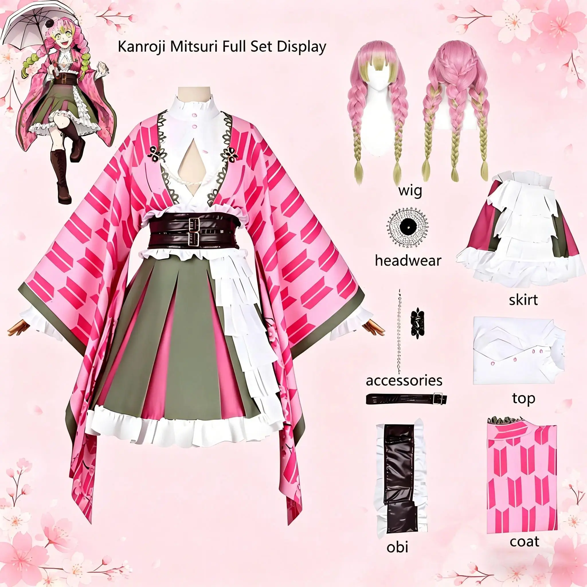 Anime style Mitsuri pink green color cosplay full set of costumes including wig, belt, skirt, top, coat and accessories