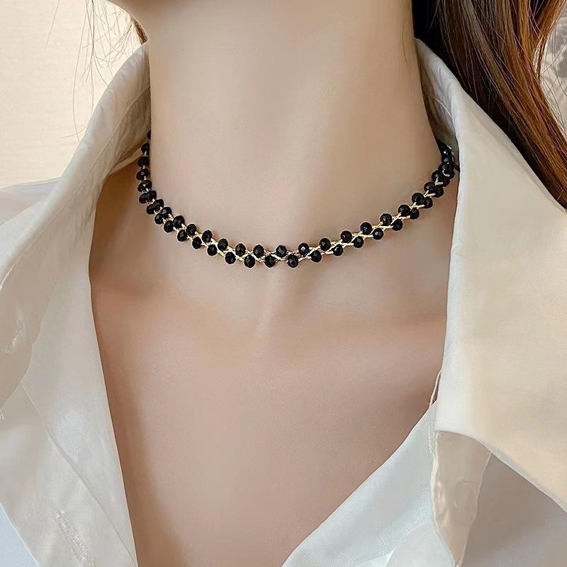 Hand Braided Black Crystal White Pearl Choker | Women’s Light Luxury Personalized Elegant Neck Jewelry | Everyday Style Collarbone Chain evry jewels day collar chainmail Necklace Rosary Bead