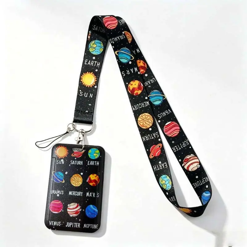Space Themed Lanyard Set, 1 Set Durable Polyester Lanyard & ID Cards & Keychain, Identification Badges Supplies for Office School, Lanyards With ID Holder, Name Tag Lanyards