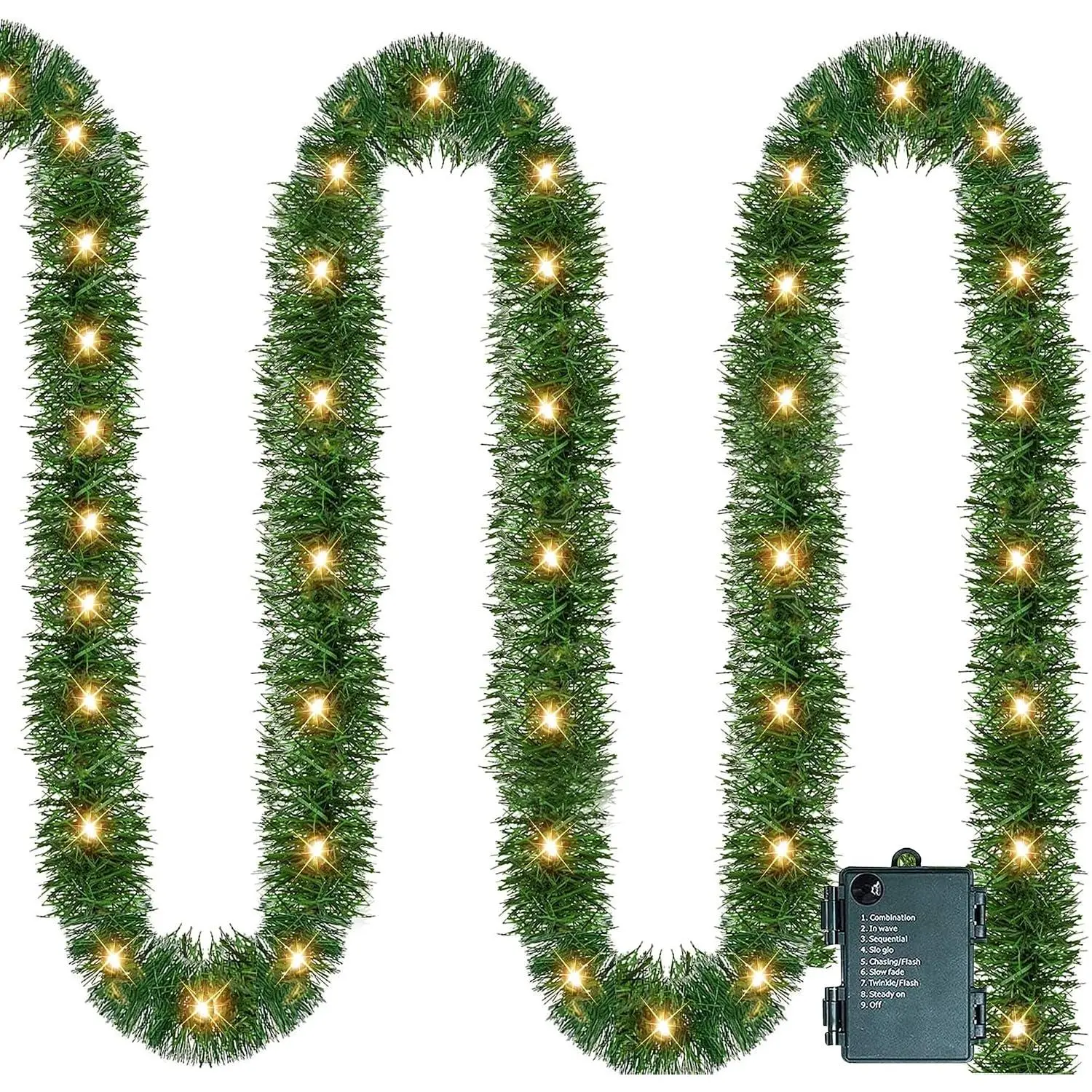 14.8 FT Modern Synthetic Christmas Garland with 50 Pre-Lit Warm White LED Mini String Lights - Branches Decorating Piece for Stair Railing, Indoor/Outdoor Wedding Christmas Ornament Decorations