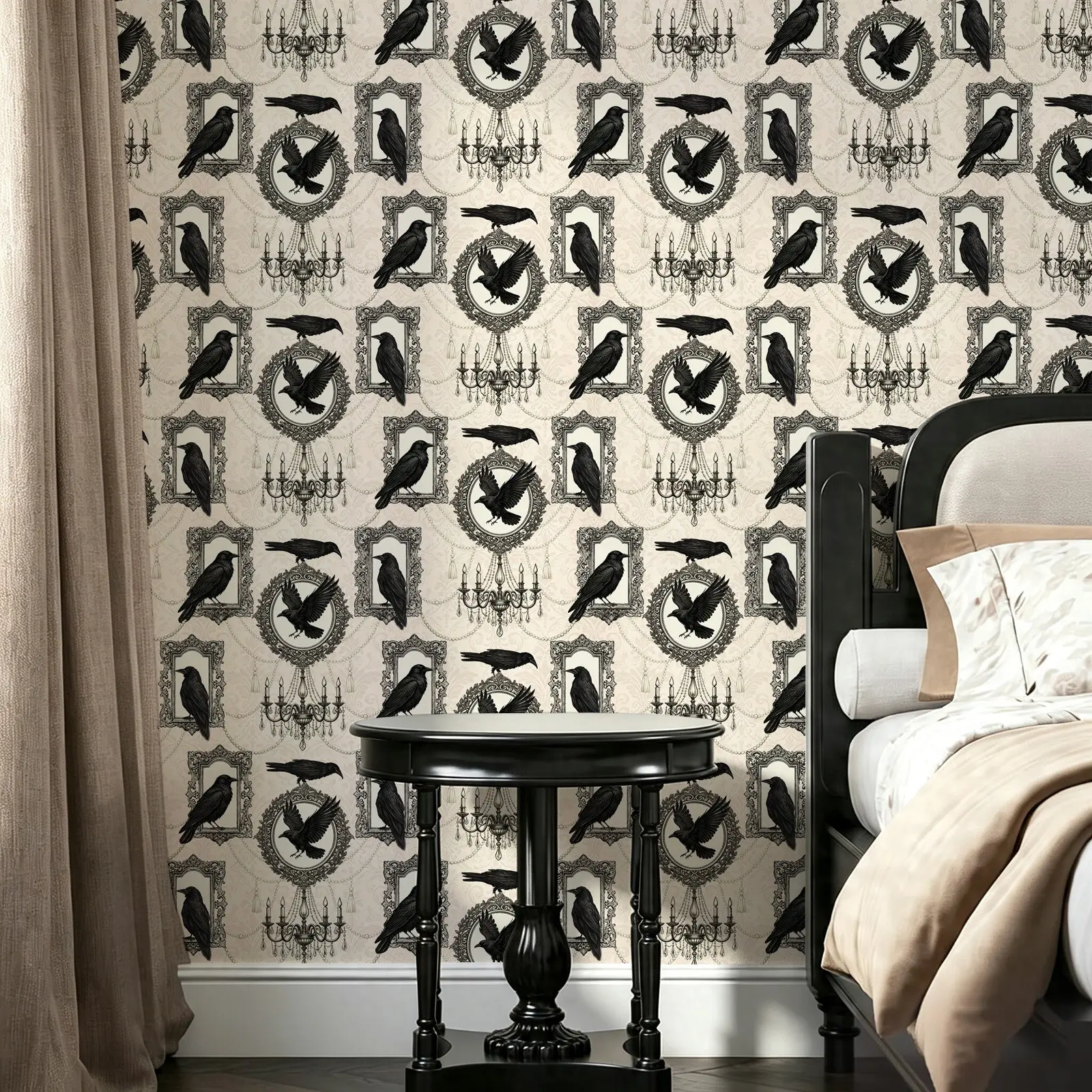 Gothic Raven Crystal Chandelier Self-Adhesive Wallpaper, Halloween Decor Sticker, Vintage Dark Removable Wall Decal for Living Room, Bedroom, Kitchen, Stairs, Table, Chairs