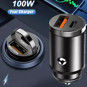 100W Mini Dual-Port USB Vehicle-Mounted Charger Adapter, Type-C QC3.0 Fast Charging Accessory for Mobile Phones, Tablets, Cameras