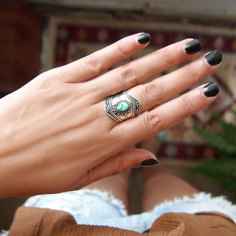 Vintage Boho Turquoise Ring • Irregular Waterdrop Statement Ring