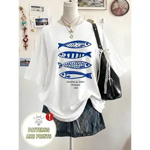 Lalippa Women's Loose-Fit Crew Neck Drop Shoulder Mid-Length T-Shirt with Ocean Element Graphic Print, Gift for Friends