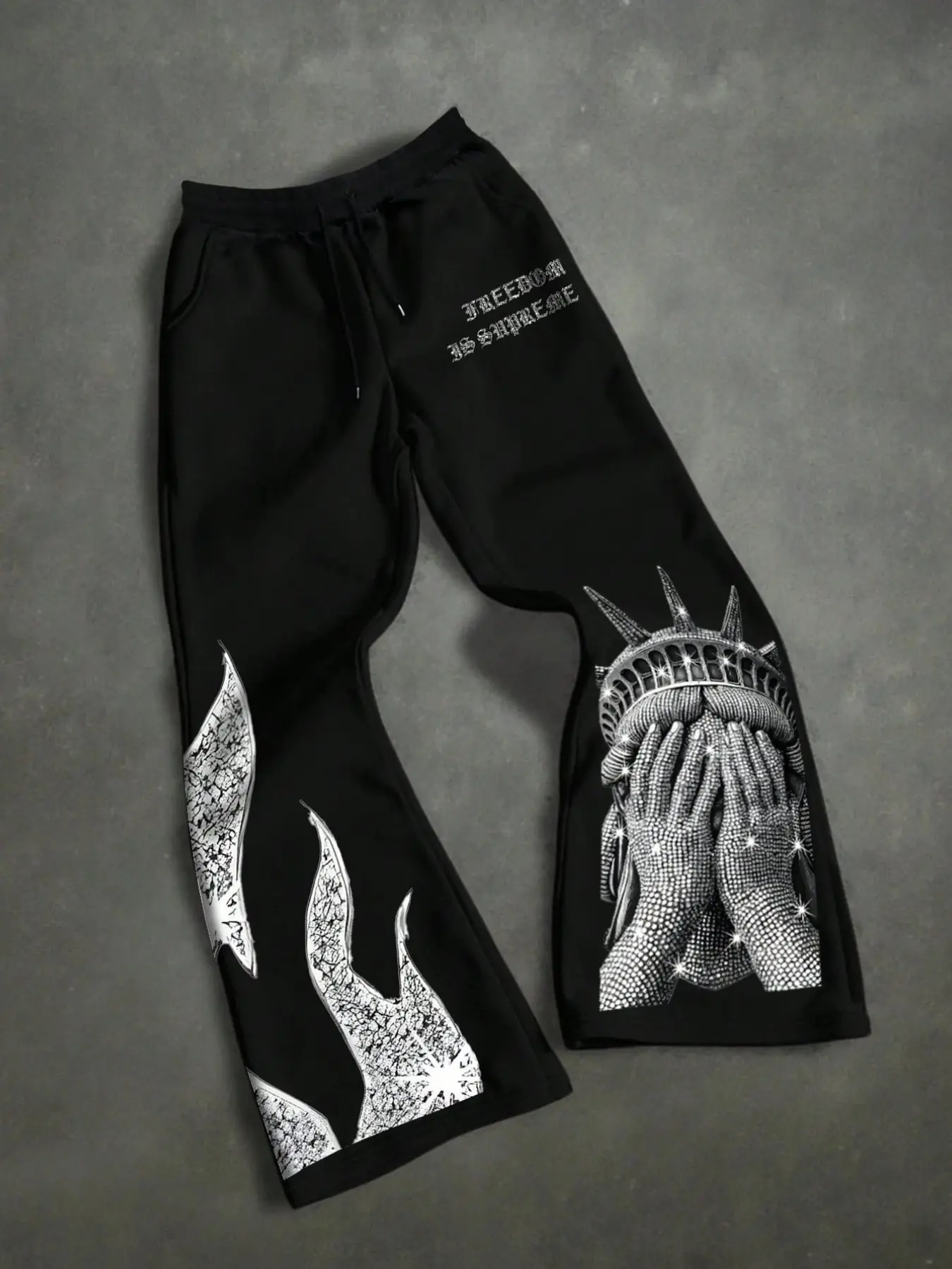 Men's Black Graphic Sweatpants, Liberty Statue Print Y2K Wide Leg Drawstring Pants for Streetwear, Concerts & Casual Wear