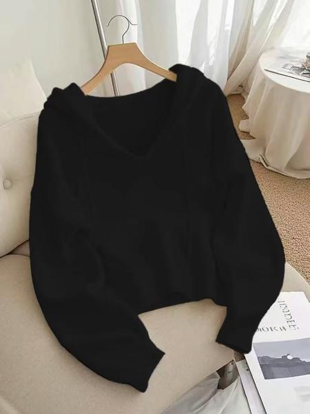 Women's V-Neck Drawstring Hoodie, Loose Fit Soft Knit Pullover, Casual Unique Design Long Sleeve Sweatshirt for Early Autumn