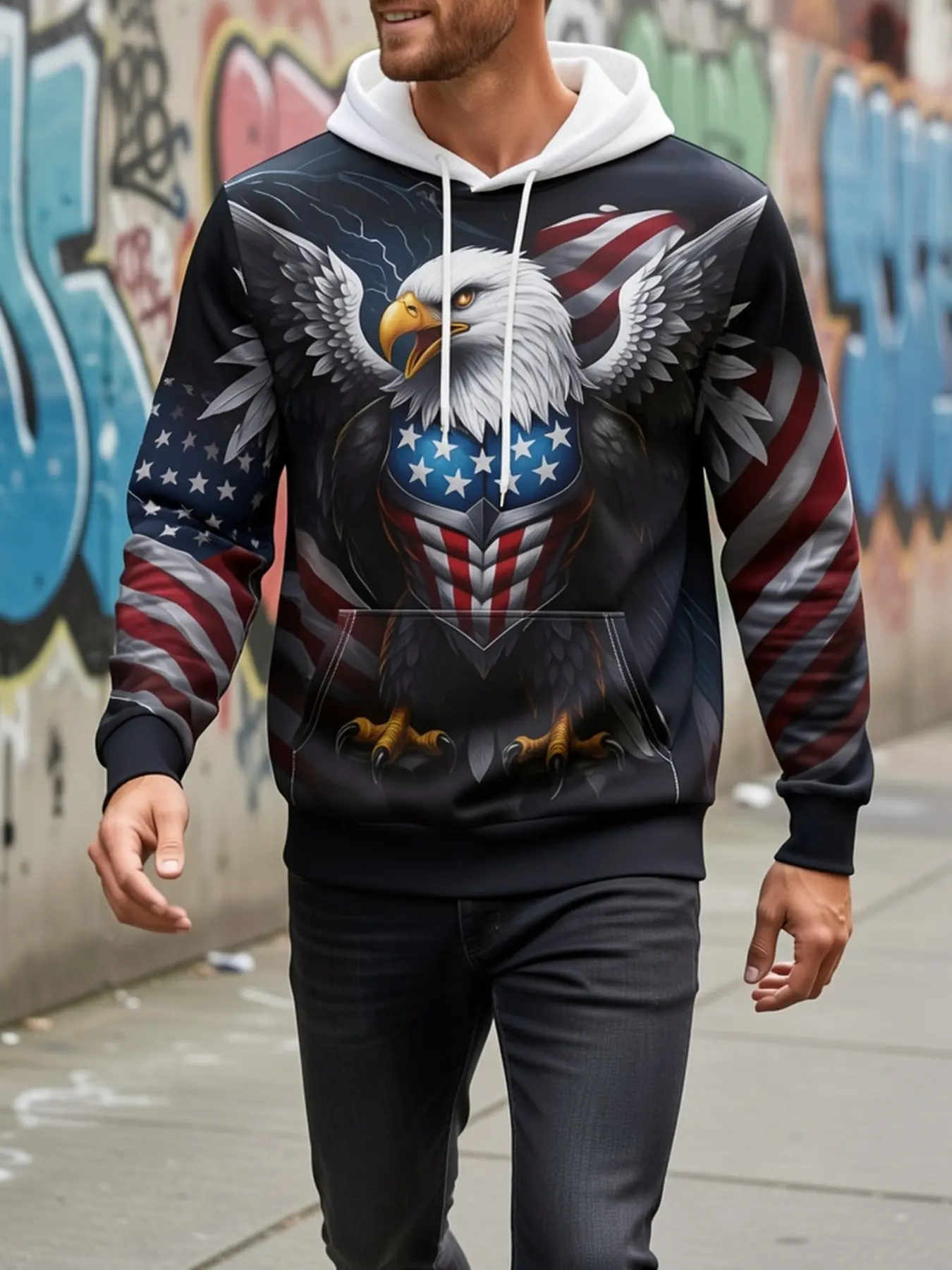 American Flag Eagle Graphic Pullover Hoodie, Unisex Long Sleeve Sweatshirt, Casual Streetwear for Fall & Winter, Loose-Fit Outerwear