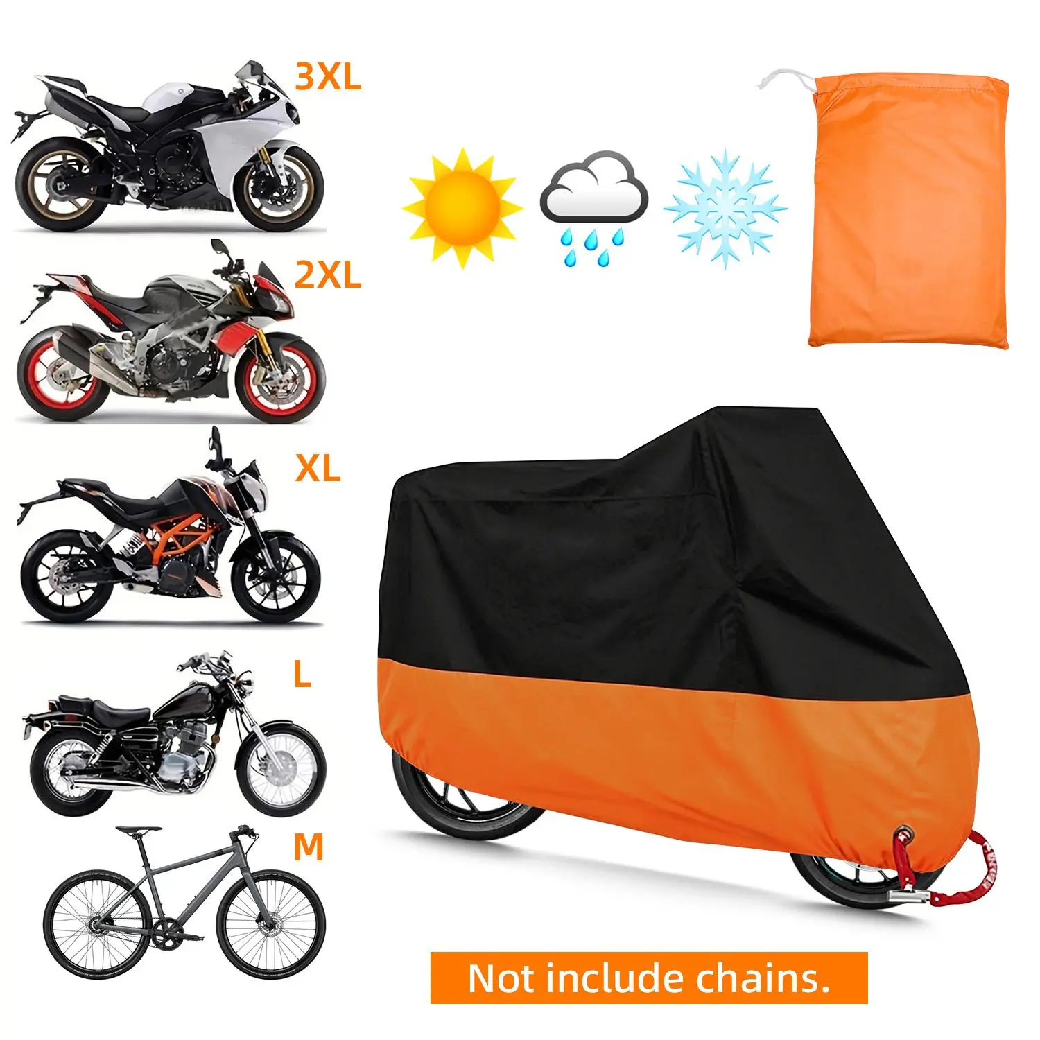 190T Waterproof Motorcycle Cover with Lock Hole, Black Orange Two-Tone All Weather Bike Protector, Windproof Dust Sun Snow Shield, Sizes L/XL/XXL/3XL Fit Motorcycles Scooters