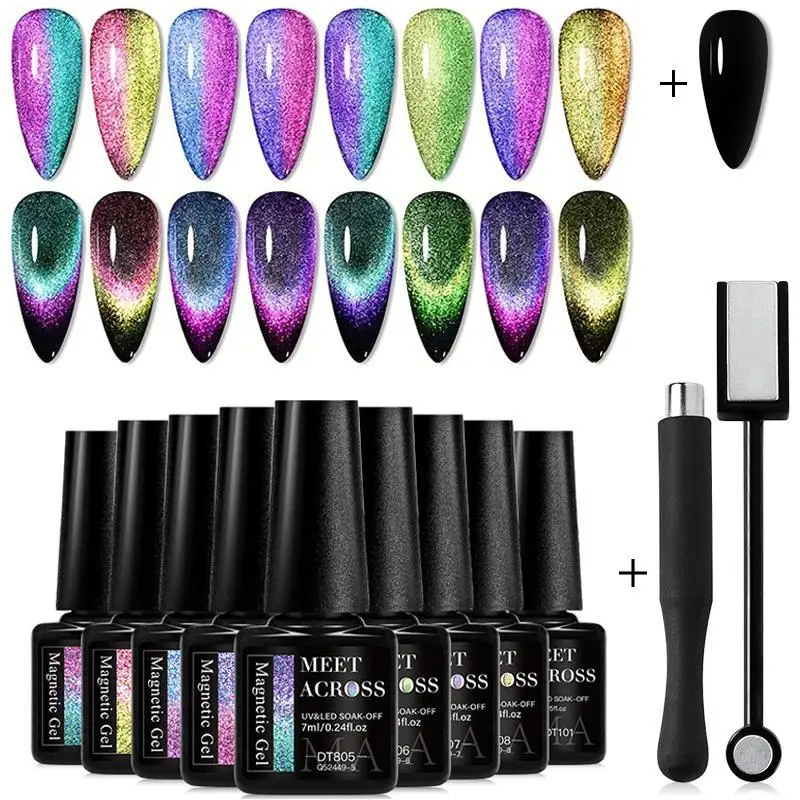 MEET ACROSS 9D Rainbow Magnetic Gel Nail Polish Set, 11pcs Starry Sky Effect Cat Eye Nail Gel Semi Permanent Long-Lasting, Soak Off UV Gel for Nail Manicure, Easy To Apply, Fashion Gorgeous Nail Art Gift for Women & Girls