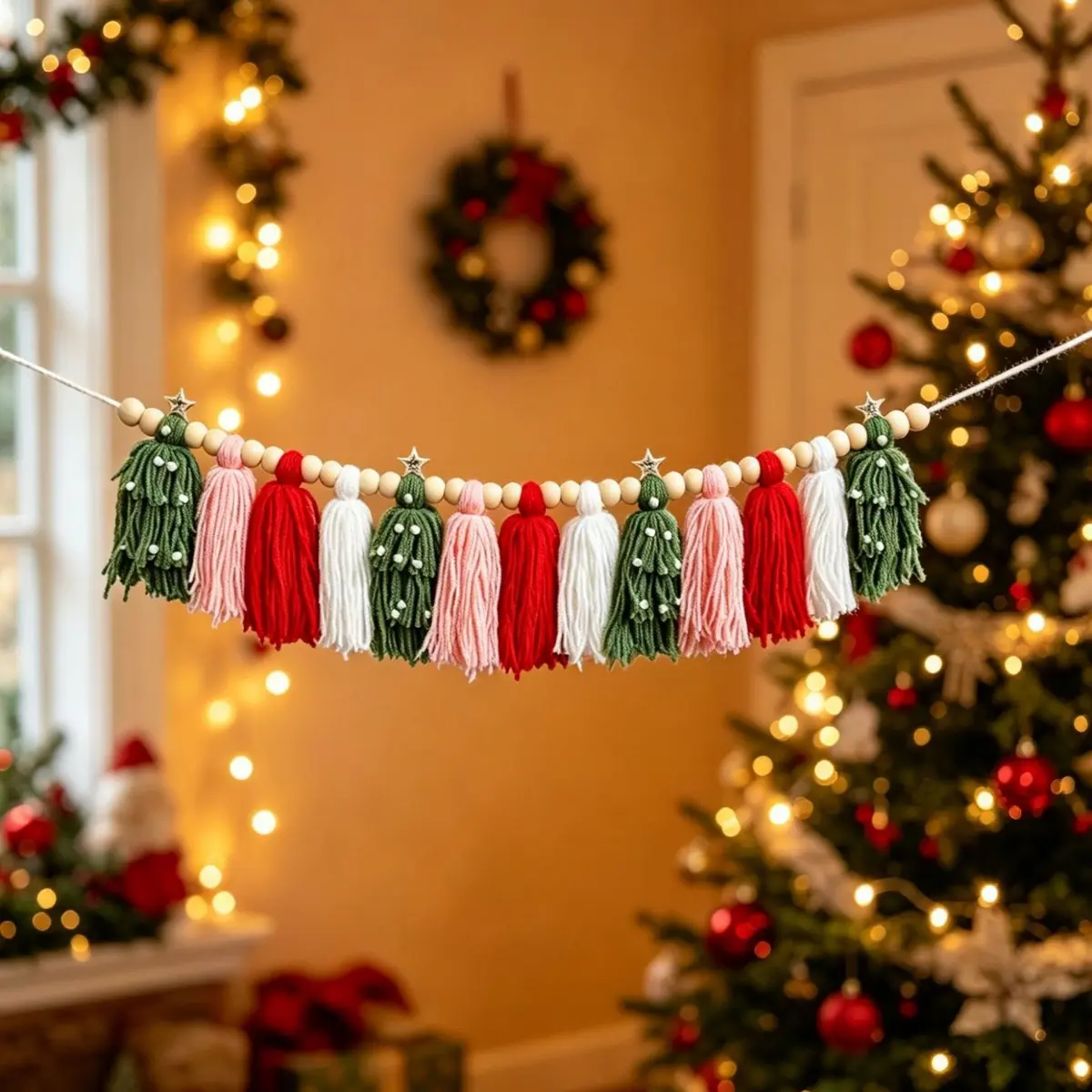 Christmas Fireplace Mantle Decor Boho Tassel Banner, Handmade Macrame Yarn Garland Garland Wall Hanging, Festive Holiday Party Backdrop Decoration, Cozy Home Winter Aesthetic Ornaments