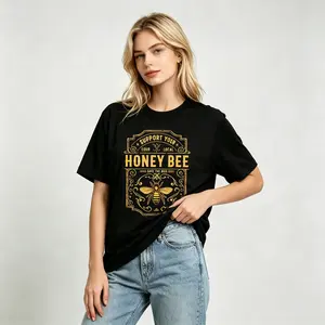 trendy shirt Women's Honey Bee Print Round Neck Graphic Tee, Vintage Trendy Casual Streetwear Fitted Short Sleeve T-shirt for Everyday Daily Wear, Ladies Summer Outfit, Spring, Casual Fashionable Top, Womenswear
