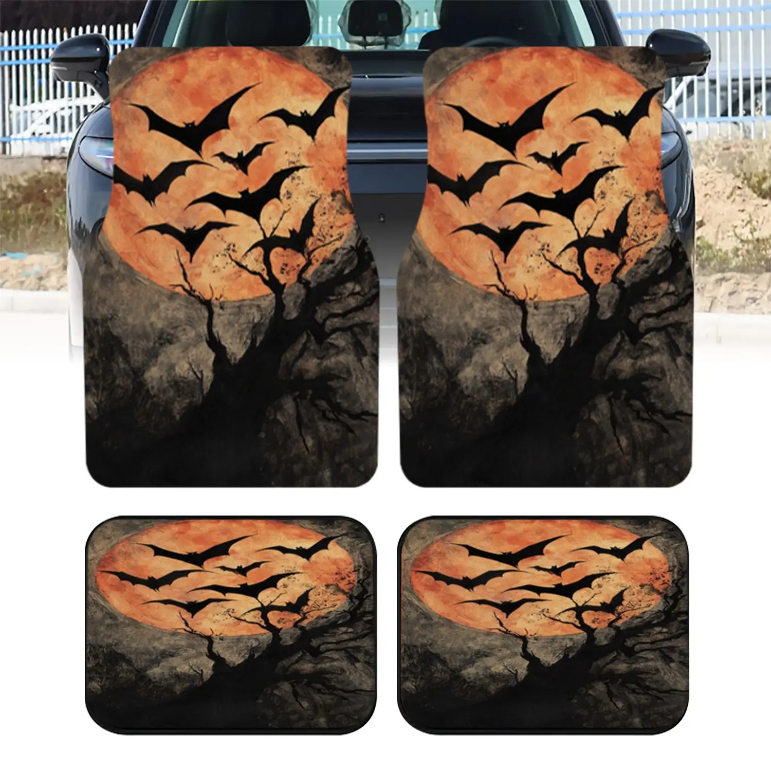 4Pcs Halloween Bat Silhouette Moon Print Car Floor Mats, Gothic Autumn Tree Pattern Universal Auto Interior Decoration, Trendy Vehicle Ground Cover For Dai