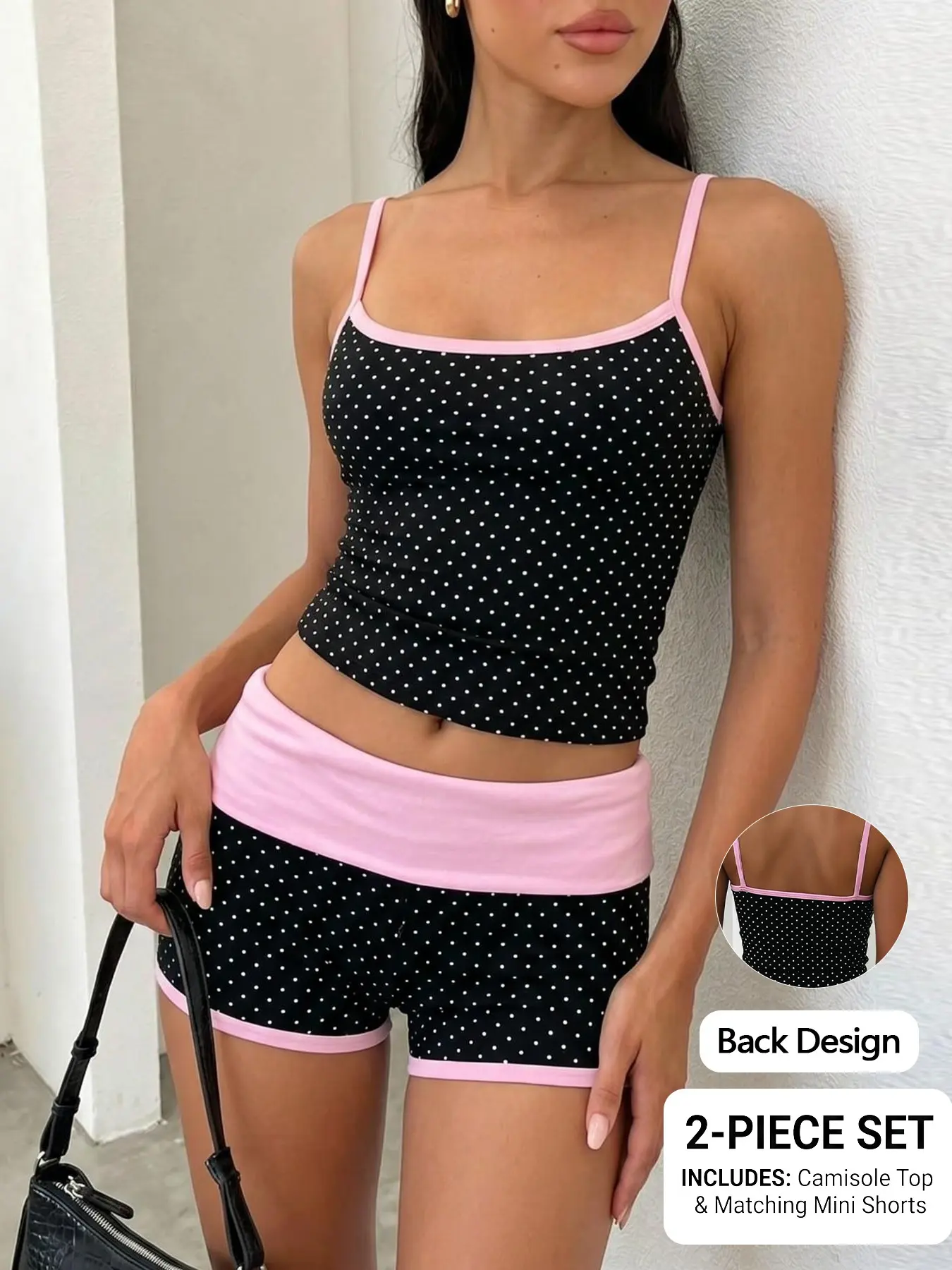 Black Polka Dot Pink Trim 2 Piece Matching Set, Thin Strap Cami & Fold Waist Shorts For Summer Daily Wear #springsaledeals2026 #twopieceset #polkadotoutfit #womenswear