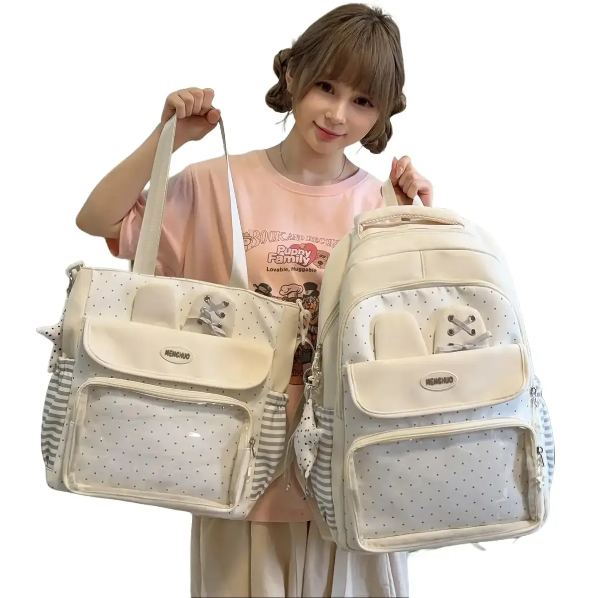 Cream Bunny Ears Backpack for Girls, Kawaii School Bookbag with Clear Front Pocket, Casual Campus Backpack for College, Travel and Daily Use