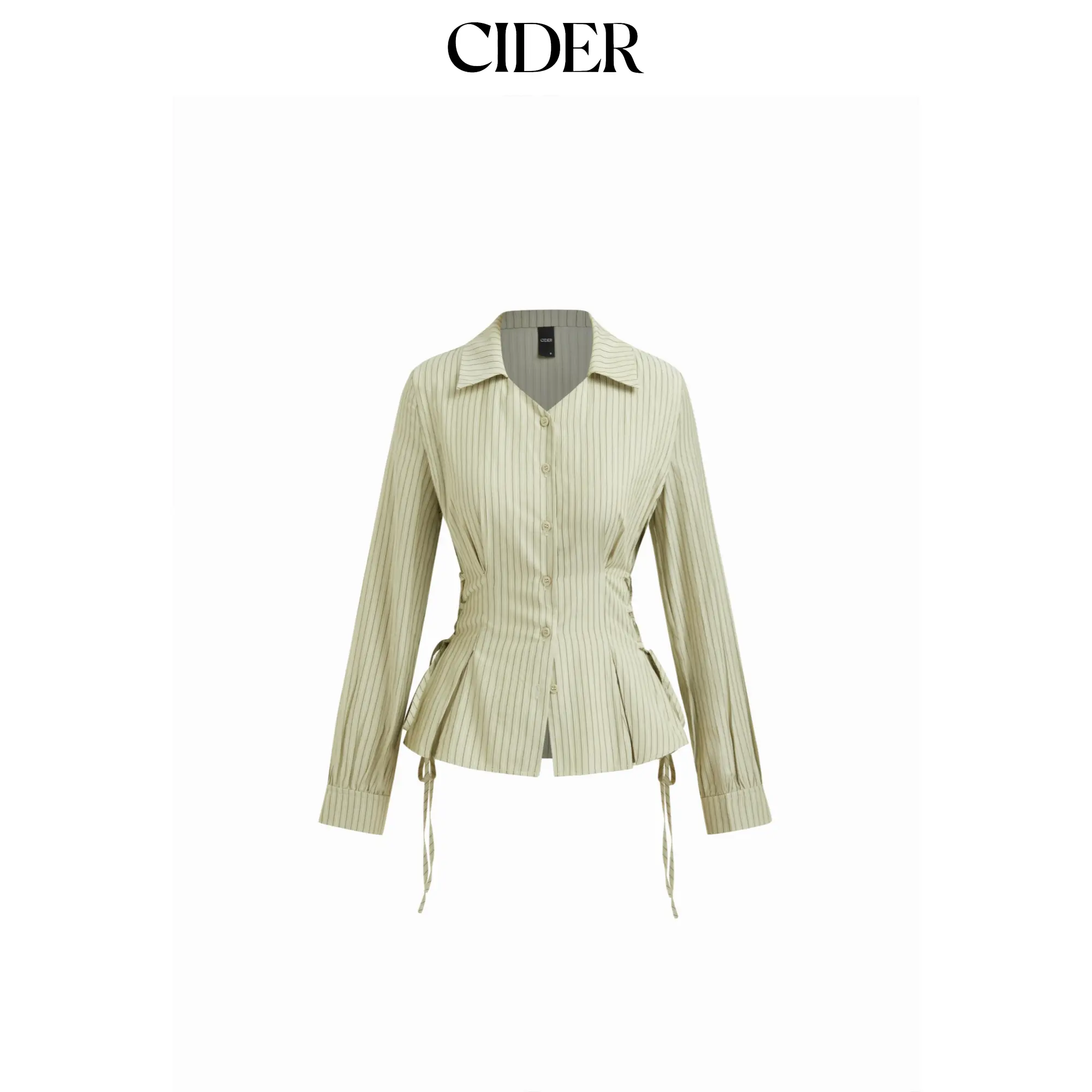 Cider Cotton-blend Striped Collar Long Sleeve Lace Up Cinched Waist Shirt