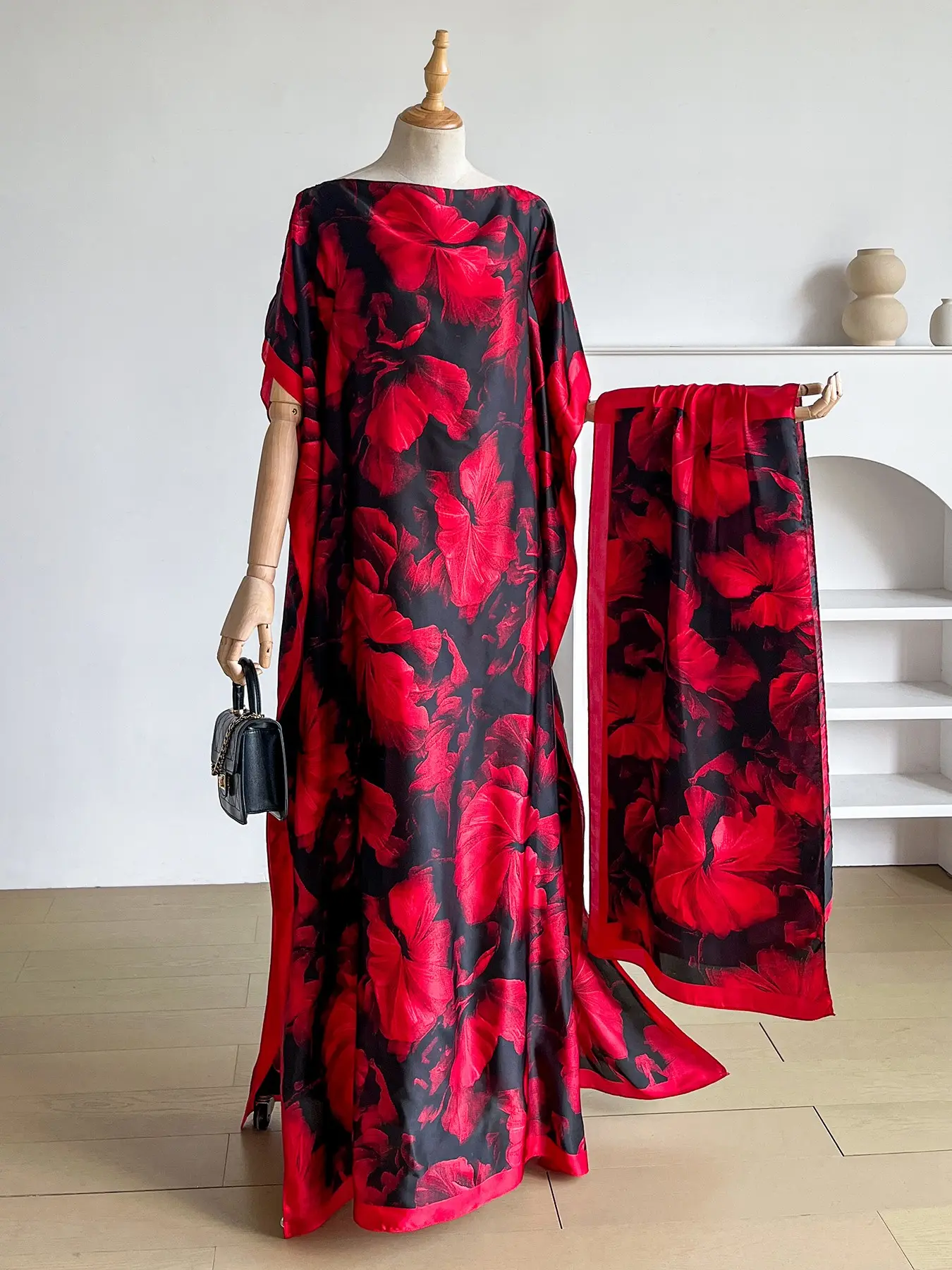 Fashion Multicolor Peacock Print Robe Set, Long Shawl Dress + Headscarf Scarf, Women's Beach Cover Up Sun Protection Silk Scarf, All Seasons Casual Wear