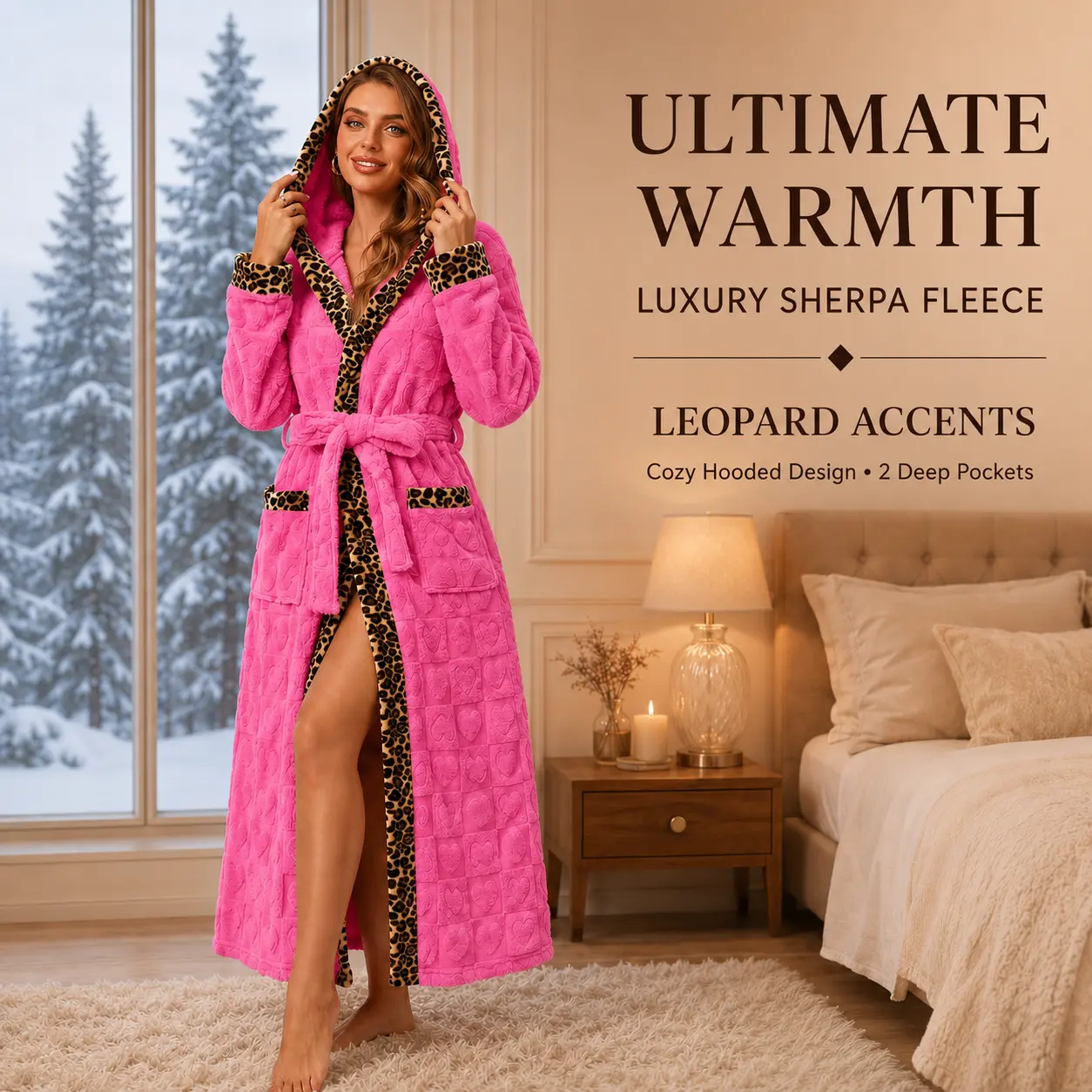 Women's Thick Heart-Embossed Hot Pink Fleece Bathrobe - Soft Fuzzy Hooded Long-Sleeve Fabric Robe with Leopard Print Contrast Trim, Pockets, Adjustable Belt, Cozy Nightwear for Postpartum Home Spa Relaxation # family floral Cow Plush quinceañera peacock