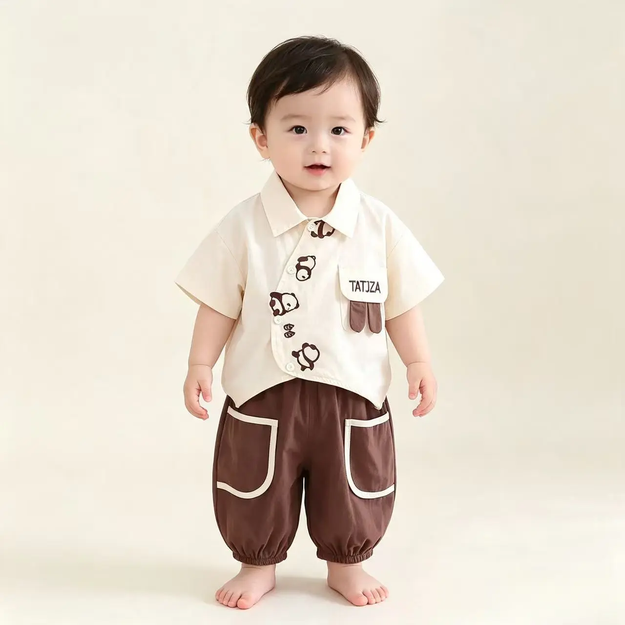 Boys' summer short-sleeve shirt two-piece set, new stylish short-sleeve four panda outfit for baby boys, boys' outfit