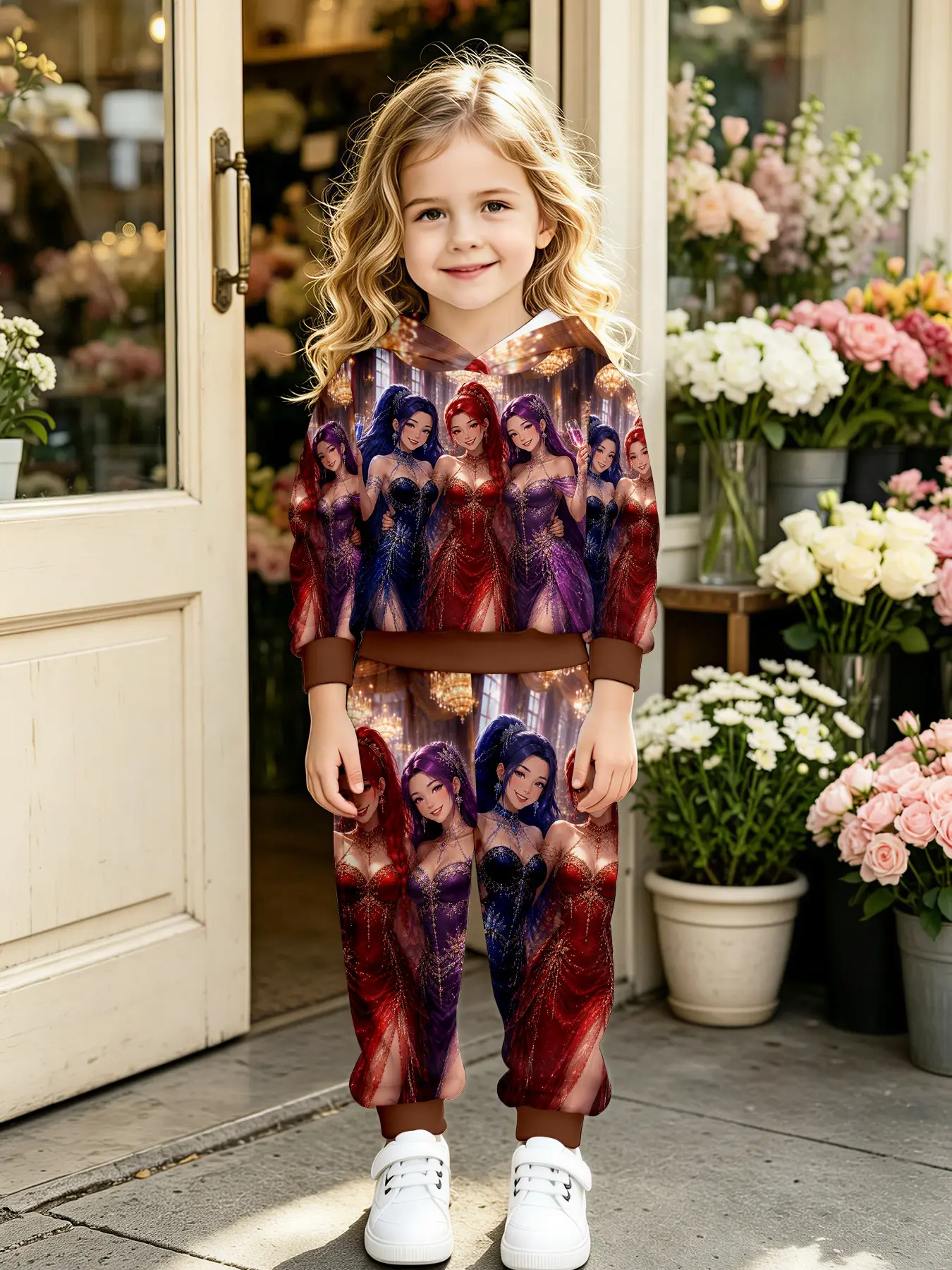 Girls' Evening Gown Hooded Sweatshirt Set, Full Print Long Sleeve Fitted Jumper, Outdoor Christmas Gift, Ages 1-14