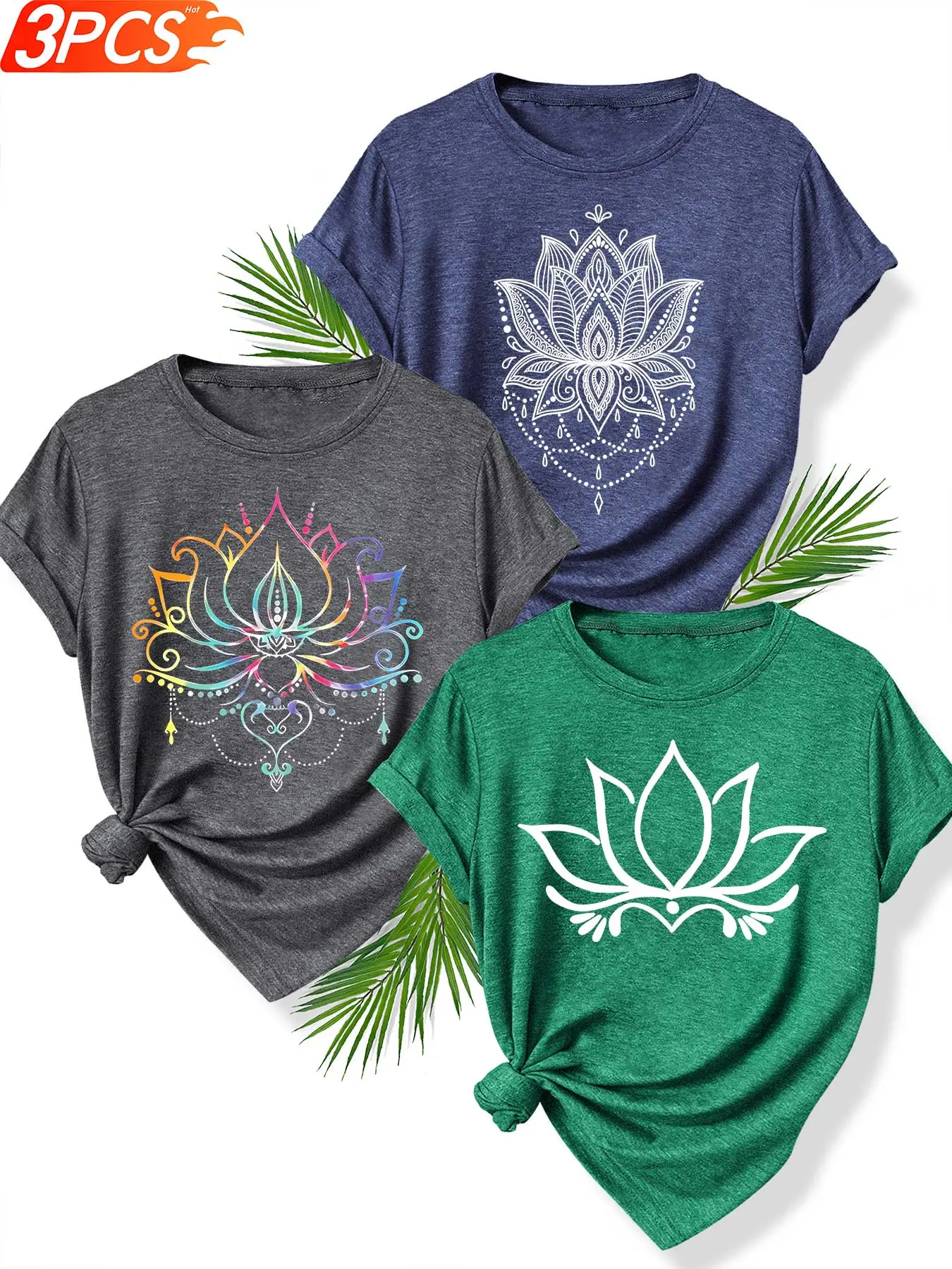 3Pcs Women Crew Neck T-Shirt, Vibrant Gradient Lotus & Minimal Elegant Mandala Pattern Prints, Multi-color Washable Spring Summer Top, Soft Skin-friendly Fabric Daily Versatile Fashion Design