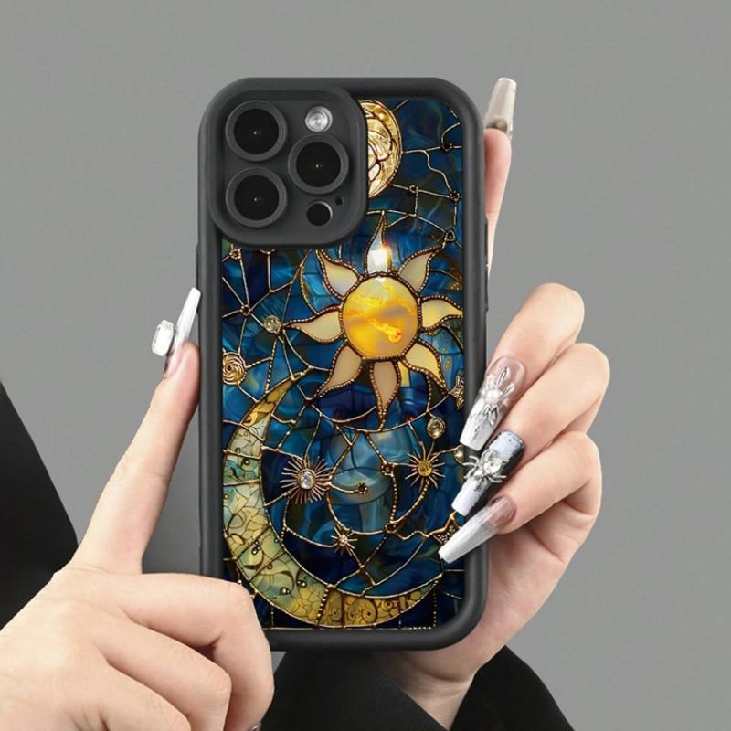 Vintage Phone Case Moon and Sun Pattern Case for IPhone 16 15 14 Pro Max 13 12 11 XR XS Plus Shockproof Non Slip Military-Grade Protection Silicone Cover