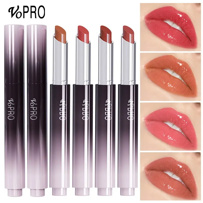 VoPRO Gradient Black & Silver Retractable Glossy Lipstick, featuring 4 warm nude shades. Moisturizing, non-sticky, shimmery lip gloss stick with long-lasting hydration. Lip makeup specially designed for festivals and parties. Suitable for Valentine’s Day,