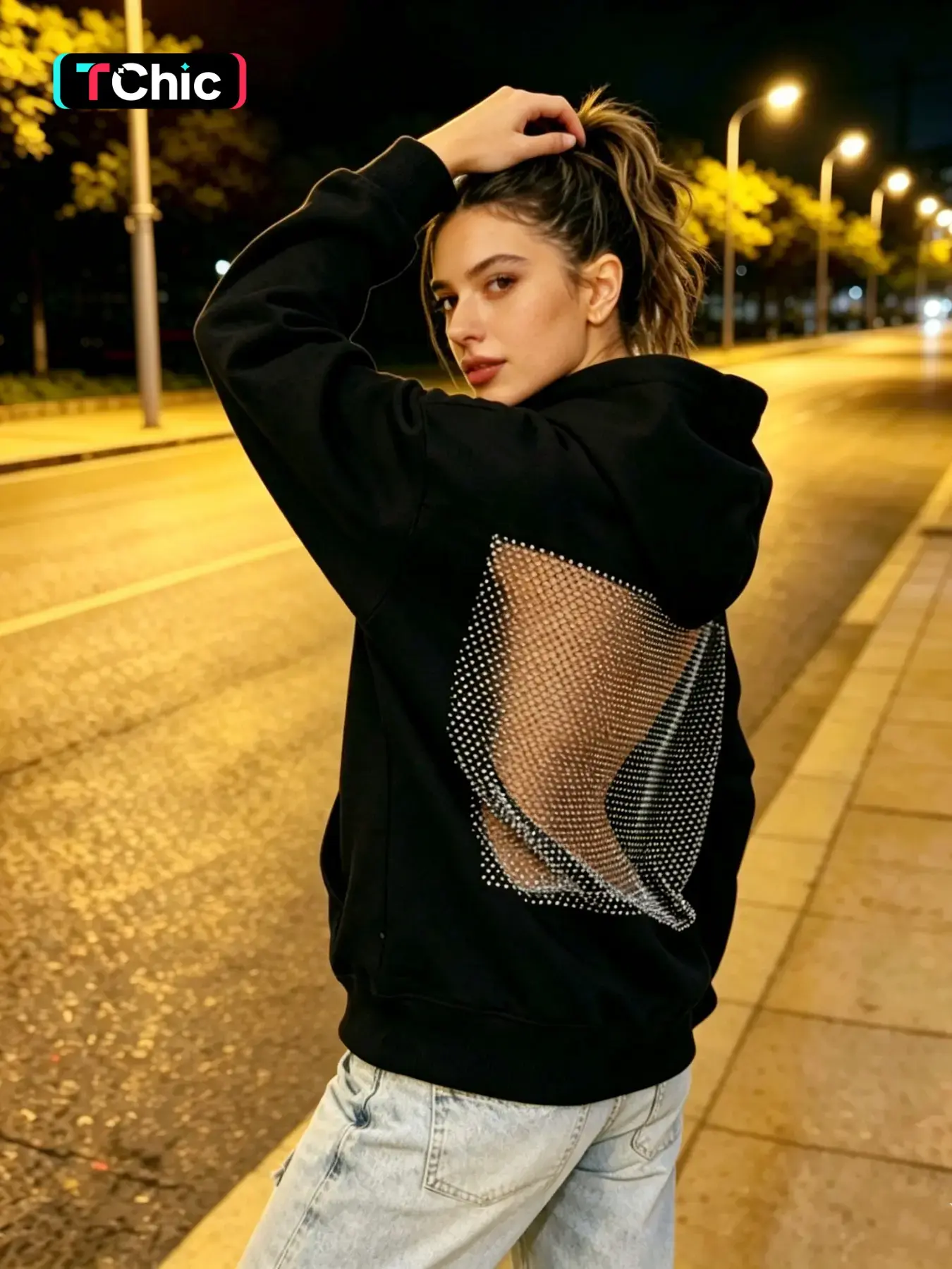 Women's Backless Mesh Hoodie, Unique Fashion Hip-Hop Style, Trendy Hollow Out Design, Stylish and Comfortable Sweatshirt