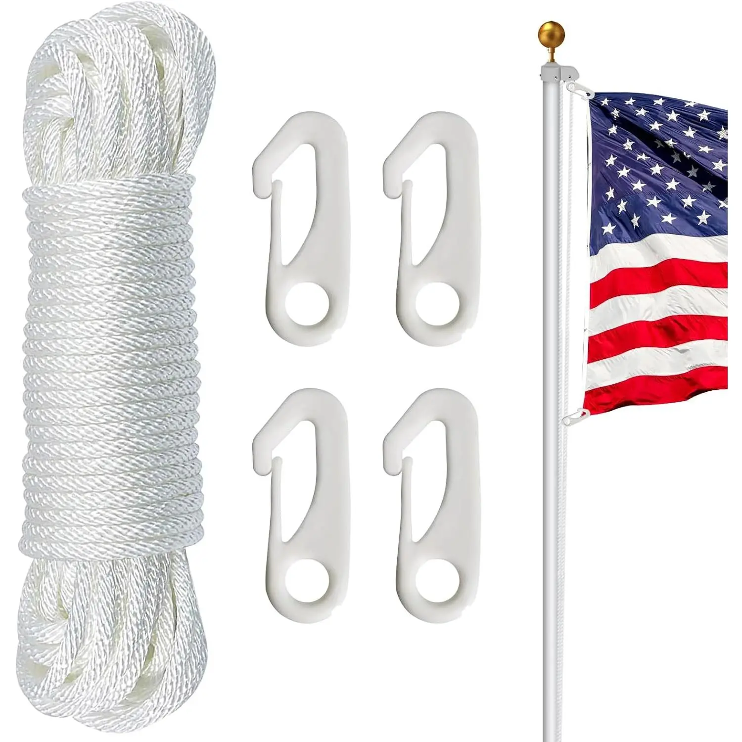Flag Pole Rope Kit - 50 Feet x 1/4" Diameter, Flagpole Nylon Halyard with 4 Pieces Nylon Hook Clips - Outdoor Flagpole Accessories Rope for Clothesline, Swing, Camping (White)