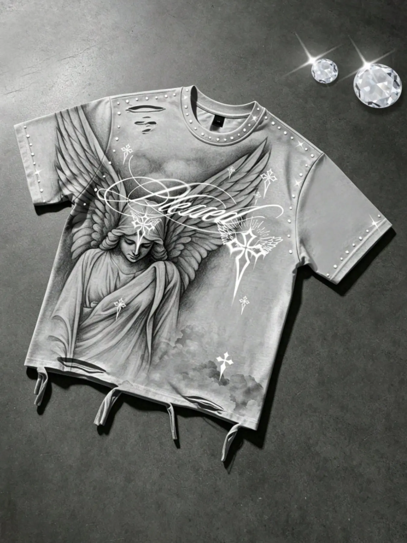 Rhinestone cross Y2K style angel prayer printed cotton men's T-shirt distressed Ripped retro hole craft short-sleeved women's Blessed floral cross star decoration hot diamond cut men's T-shirt, loose casual tops for men and women, street trend
