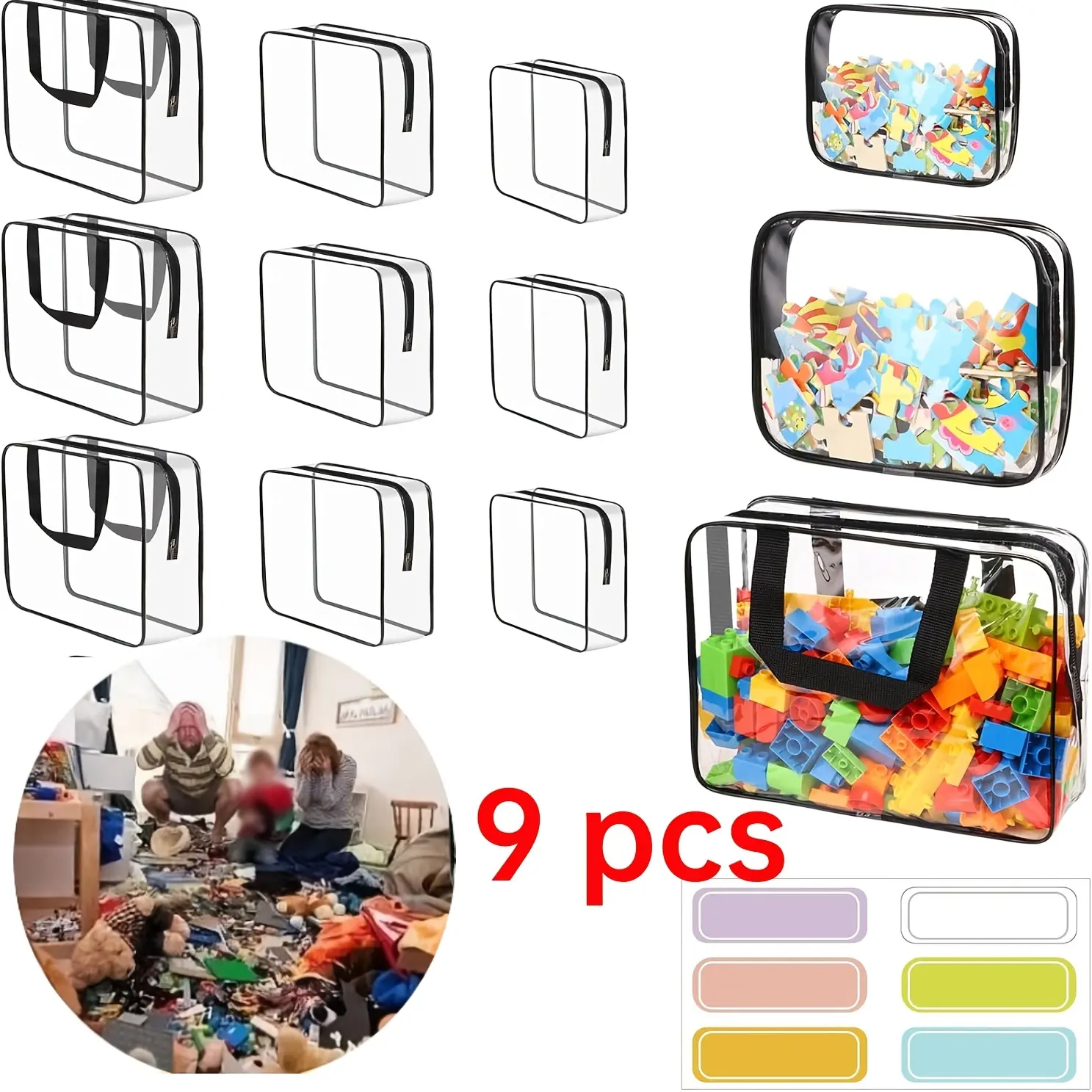 pp 9 pieces of PVC Toy Storage Bags - Transparent toy storage bags, toy organization and storage, reusable PVC board game storage bags with zippers, suitable for building blocks, puzzles, books - Reusable large capacity toys