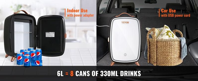 VEVOR Mini Fridge, 6L Skincare Fridge with LED light and HD Mirror, AC/DC Makeup Fridges for Skin Care, Cosmetic Storage, Chill Face Mask Drink, Small Refrigerator for Bedroom Dorm Desktop, Black