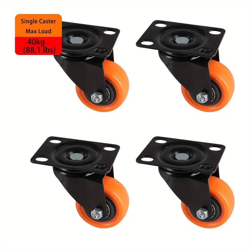 4 sets of 2-inch heavy-duty swivel casters | Orange polyurethane casters for the base, suitable for trolleys, workbenches, and furniture Swivel Plate Casters