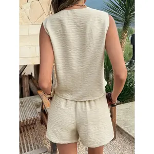 Women V Neck Lace Up Sleeveless Crop Top and Shorts Set Casual Loose Fit Plain Two Piece Outfit for Daily Wear Summer Lounge Matching Vacation Travel Suit