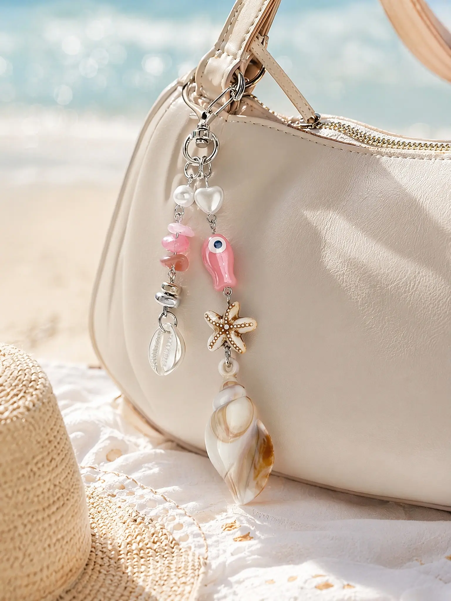 Ocean Theme Handmade Beaded Keychain, Shell Starfish Bag Charm, Cute Fish Pendant Wallet Accessory, Beach Travel Gift for Friends and Family