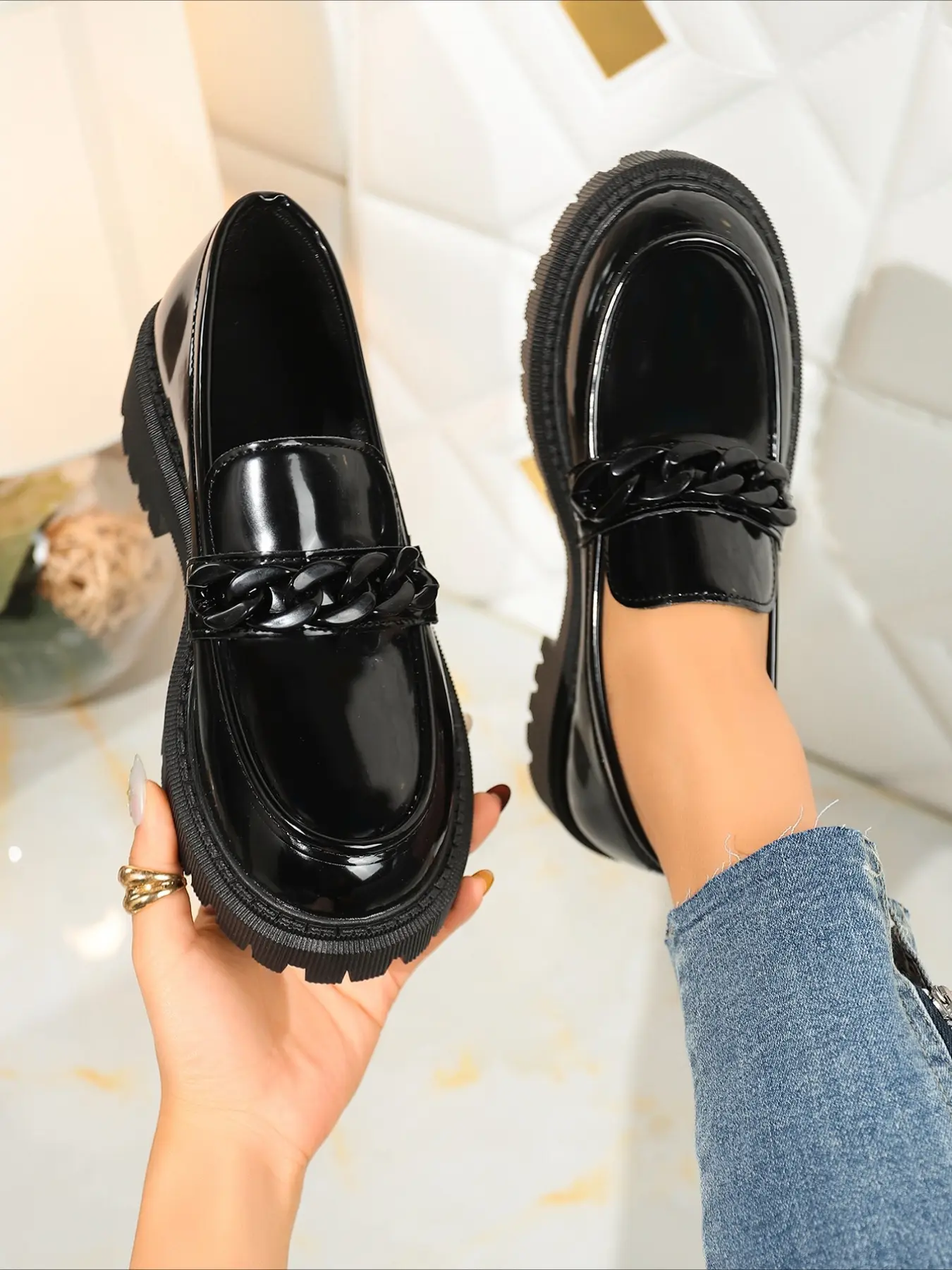 Black platform chain decorated Chain Design loafers with twisted chain decor, non-slip lug sole to add height. Vintage preppy style, match skirts and jeans, comfy for daily commuting.