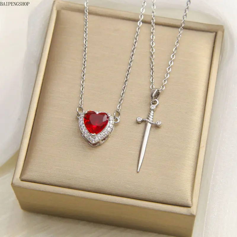 Dainty Layered Necklace, Silver Plated Heart & Sword Pendant with Red Crystal Accent, Hypoallergenic Jewelry for Women, Valentine Gifts, Fashion Ol