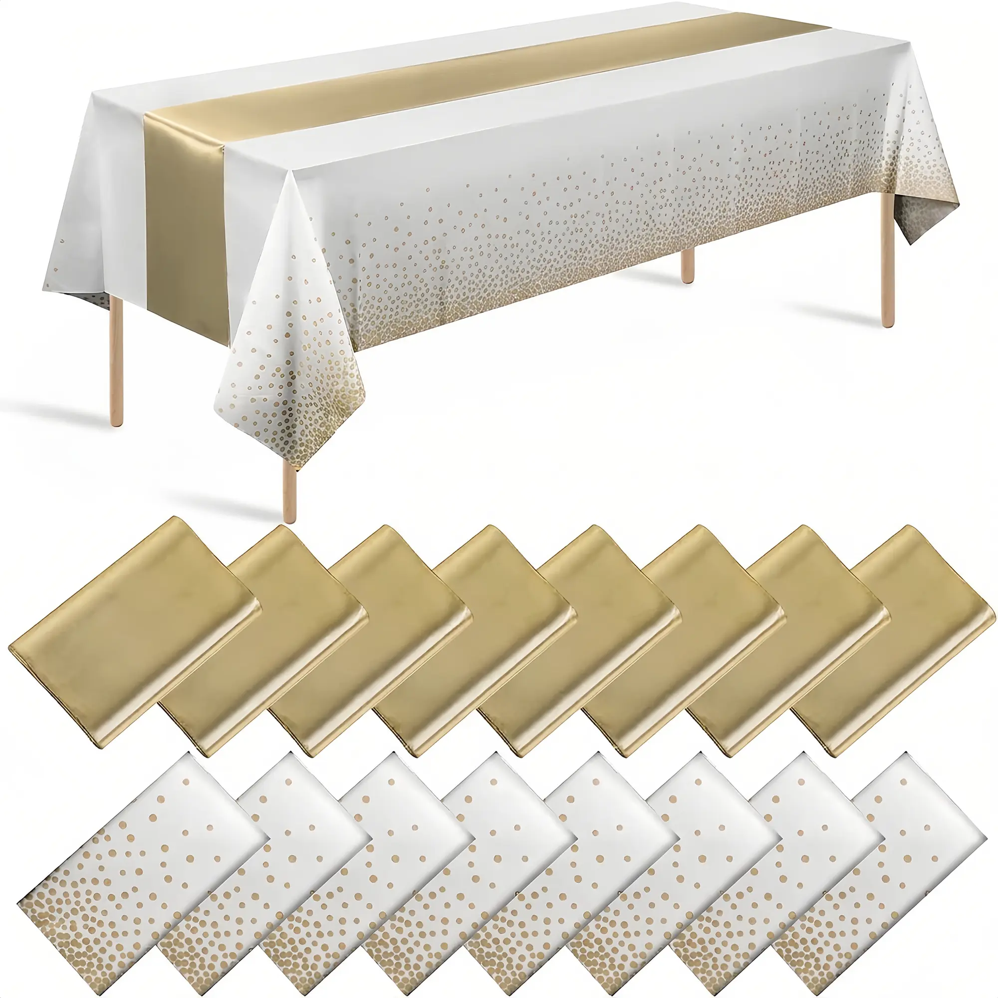 16 Pack Tablecloth & Satin Table Runner Set – 54x108in Dot Print Disposable Tablecloth + 12x108in Satin Runner, Party Wedding Banquet Decor