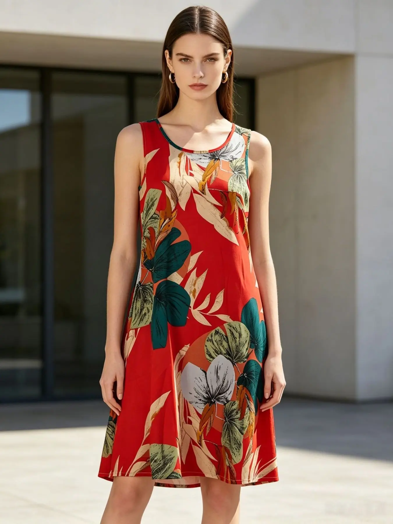 Tropical Print Round Neck Sleeveless Dress, Fashion Women's Loose Fit A-Line Dress, Casual Summer, Trendy Ladies' Clothing