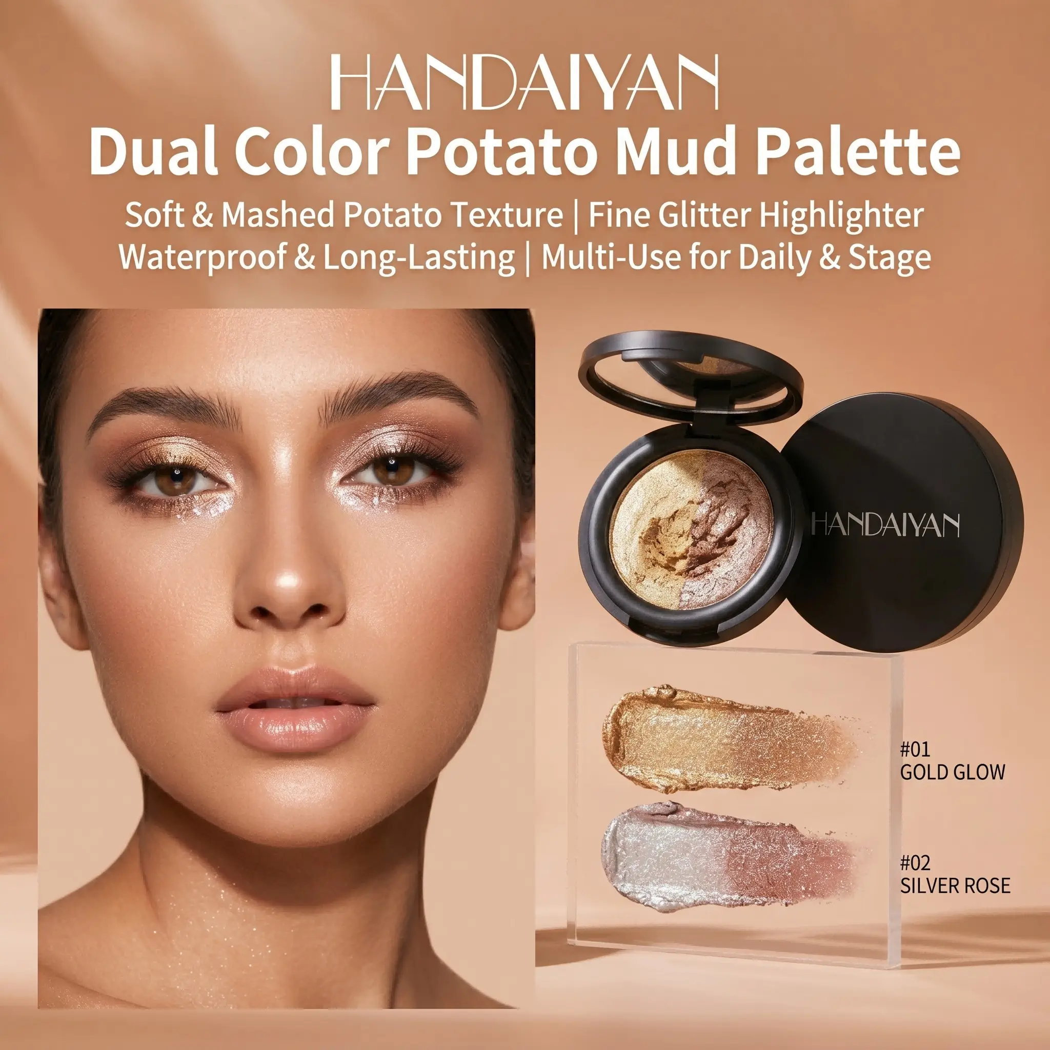 HANDAIYAN 2 Color Cream Mousse Highlighter Palette Dual Shimmer Eyeshadow Waterproof Long Lasting No Fall Out Fine Glitter Makeup Multi Use For Eyes Cheek Nose Bridge Everyday Festival Stage Makeup Suitable For All Skin Tones