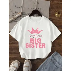 2026 Girl's Fashionable Round Neck Pure Cotton T-Shirt with "Big Sister!" Letter Crown Print, Cute Short-Sleeve Breathable Top