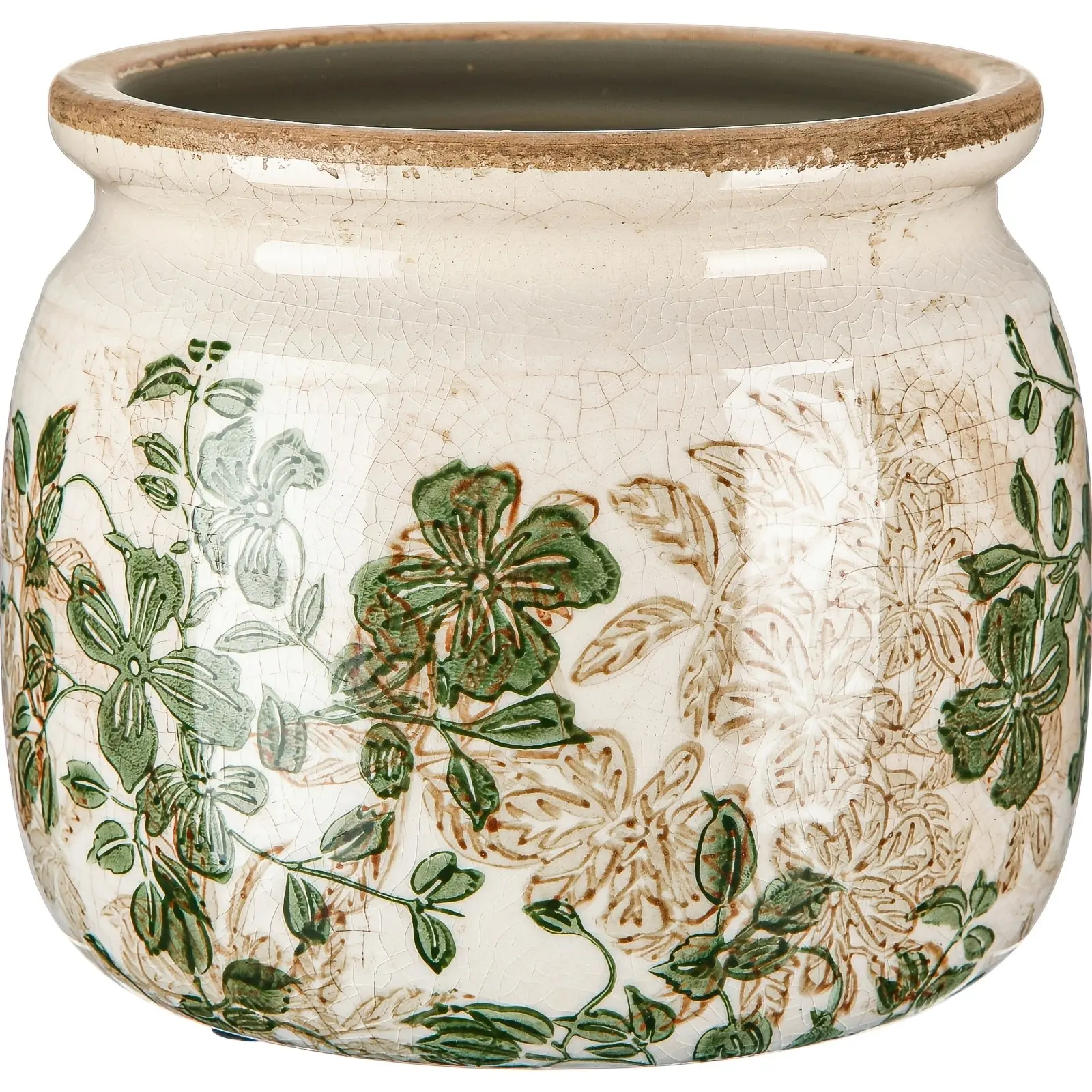 Vintage Ceramic Planter Pot, Large Round Lightweight Standing Flower Pot, Beige & Green Scroll Vase, Suitable for Indoor/Outdoor Use, Farmhouse Cottagecore Decor, Home Kitchen Balcony Plants, 1pc