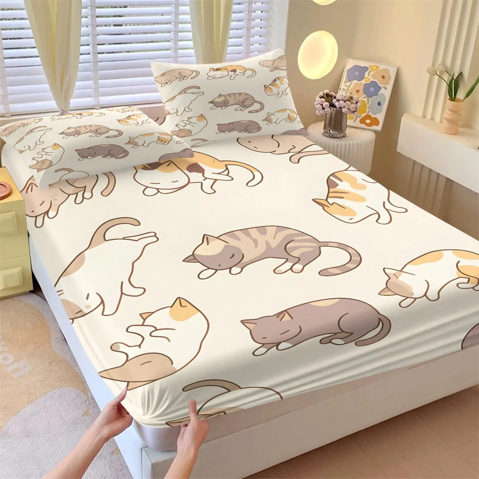 Cartoon Sleeping Cat Print Fitted Sheet Set 3 Piece with 2 Pillowcase, Warm Japanese Minimal Style Bedding All Size, Lazy Kitty Pet Print Soft Bed Set, All-Around Elastic Mattress Cover, Minimalist Teens Bedroom Decor, Cat Lover Gift