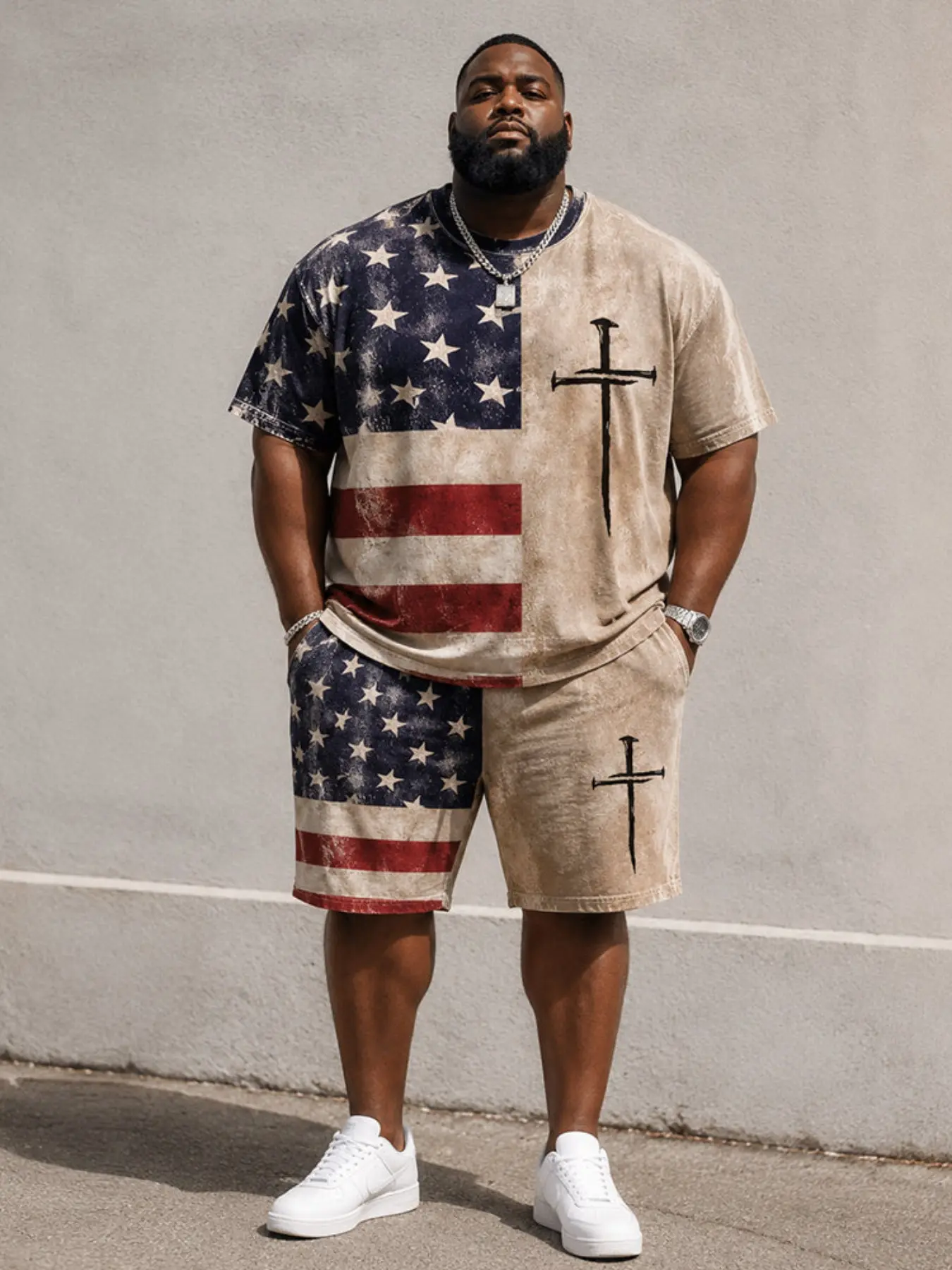 Men's Summer Two-Piece Set, Vintage Style, Star Flag Patchwork T-Shirt and Shorts, Cross Design, Loose Fit, Trendy for Plus Size