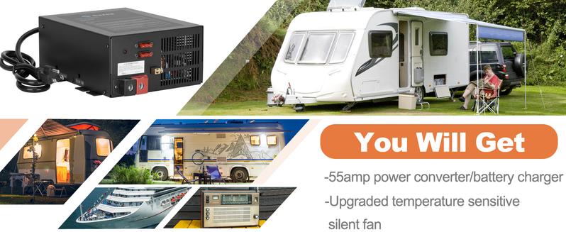 55A RV Power Converter 110VAC to 12VDC RV Converter 55 Amp RV Power Converters with Built-in 4 Stage Smart Battery Charger for Lithium Batteries RV Converters Fully Adjustable Output from 13V to 16.5V