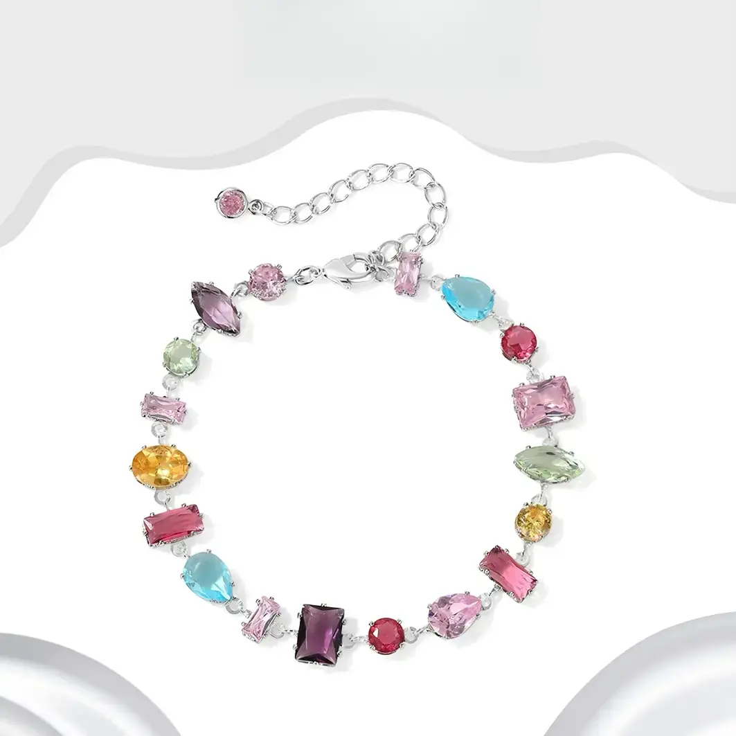 Elegant Rainbow CZ, Colorful Bracelet, For Women, Non-Braided Silver Chain With Assorted Sparkle Stones, Hypoallergenic Tarnish Resistant, Bling Multicolor Gemstone Boho Jewelry, Adjustable Extension, Perfect Party Gift