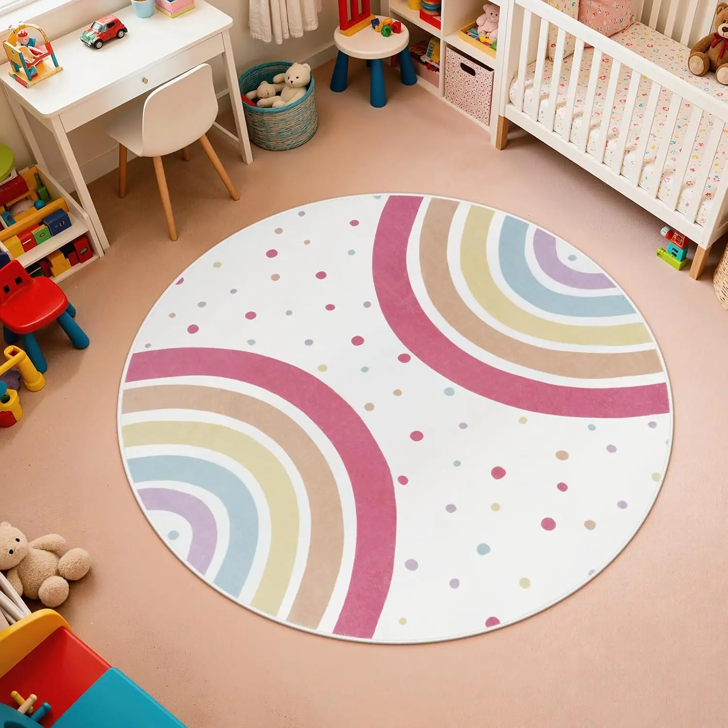 Round Rainbow Rug for Girls Bedroom, 4 Ft Washable  Rug for Playroom, Non-Slip Circle Area Rug Colorful Princess Carpet for  Teen Dorm Tent